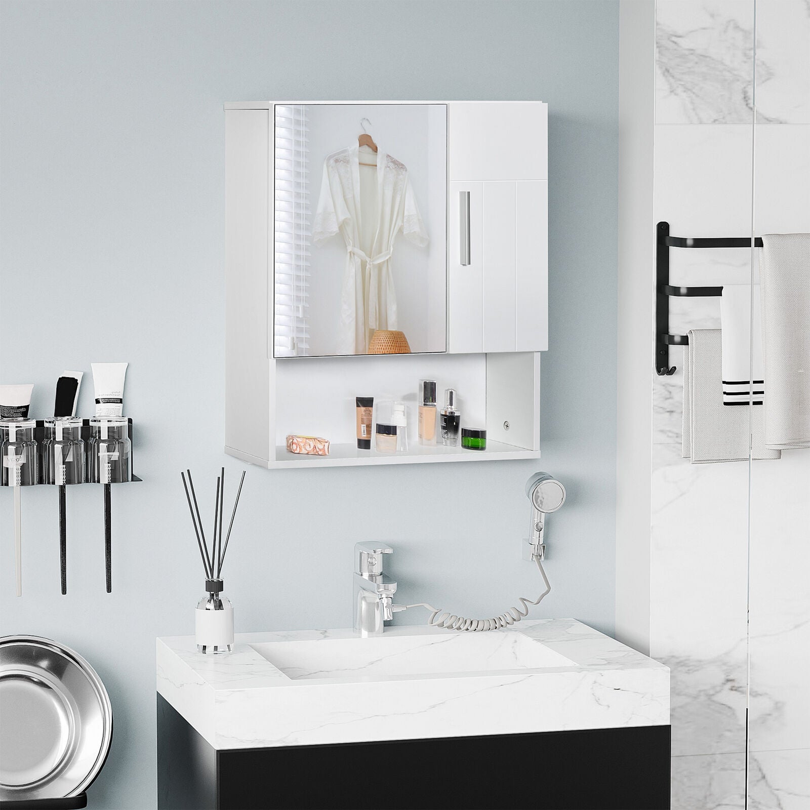 Bathroom Mirror Cabinet Wall Mount Storage Organizer w/ Door, Shelves, White