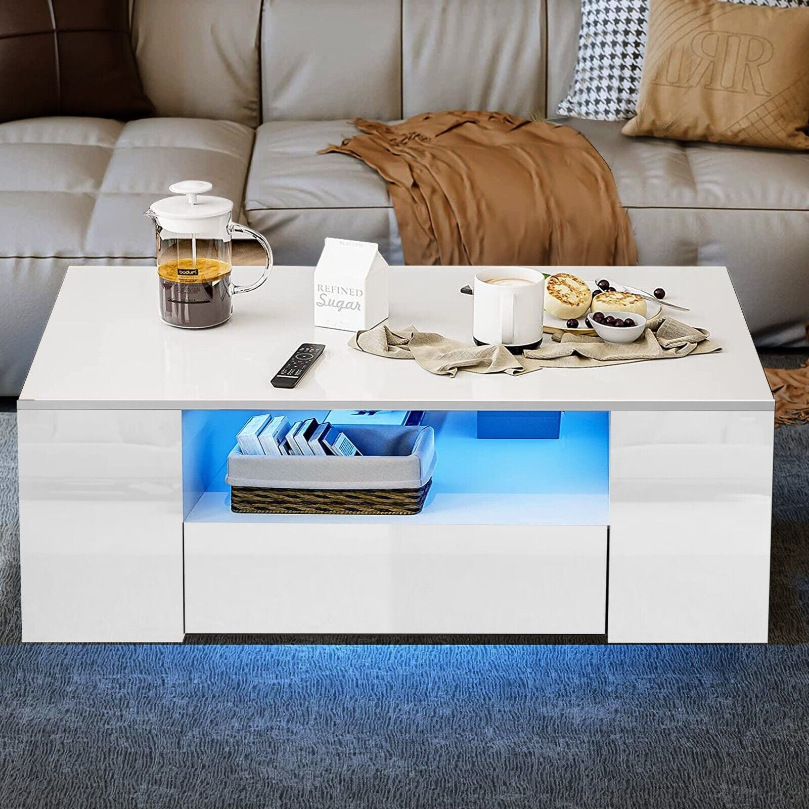 LED Coffee Table Wooden 2 Drawer Storage High Gloss Modern Living Room Furniture