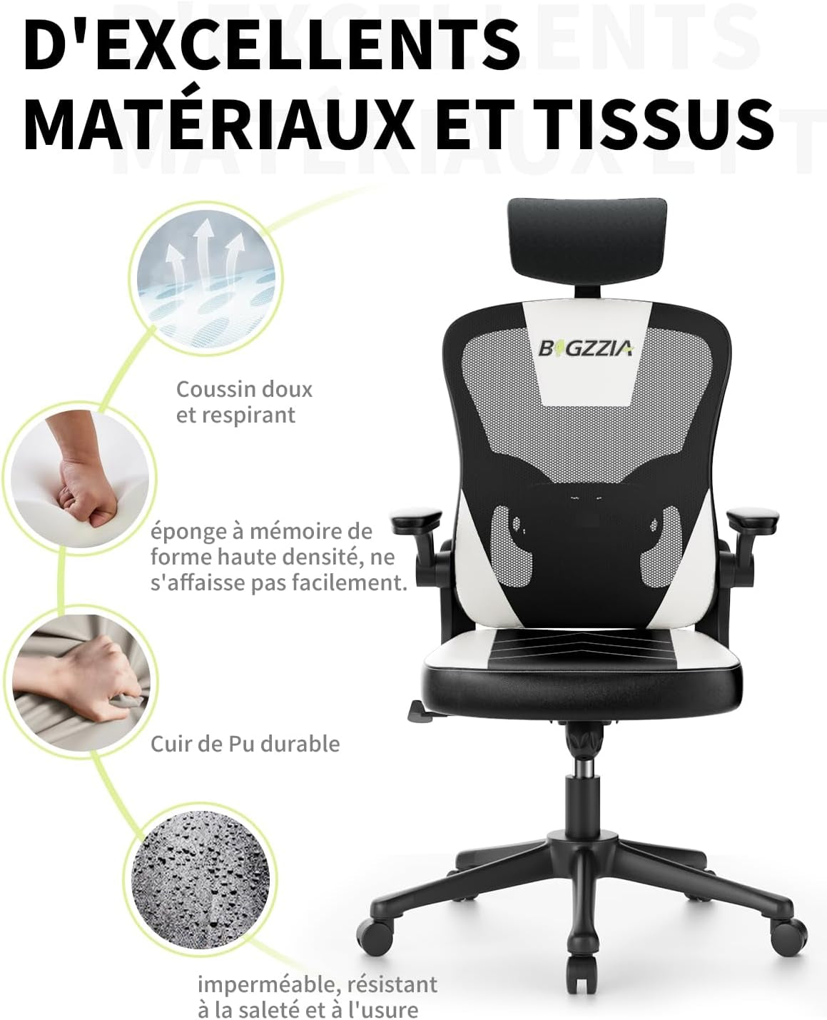 Ergonomic Office Chair - Computer Desk Chair with Adjustable Headrest, Gaming Chair, Work Chair Study Chair Swivel Chair with Casters for Meeting Room and Office (Black and white)