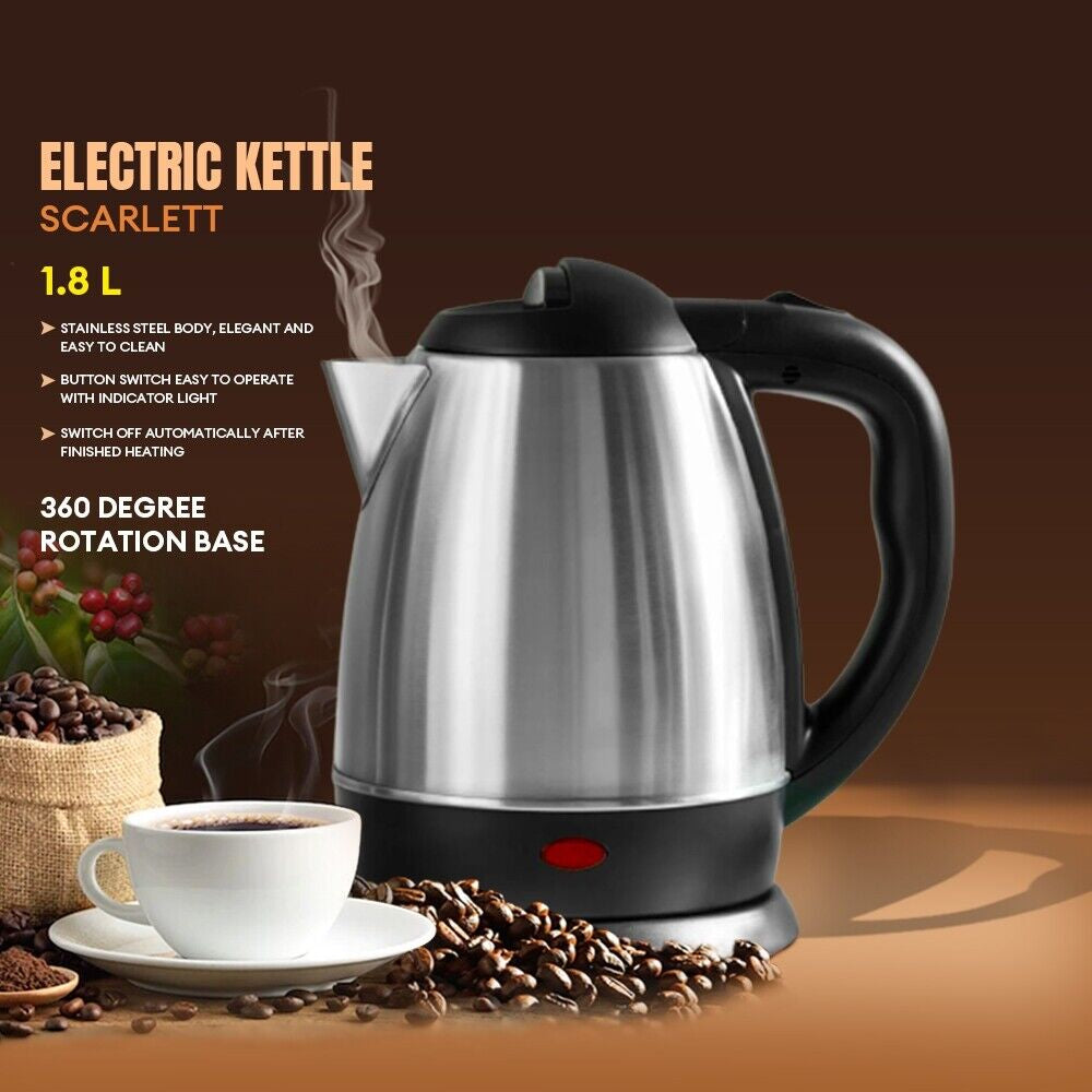 Electric Kettle Stainless Steel Cordless Jug 1.8L Overheat Protection - 1500W UK