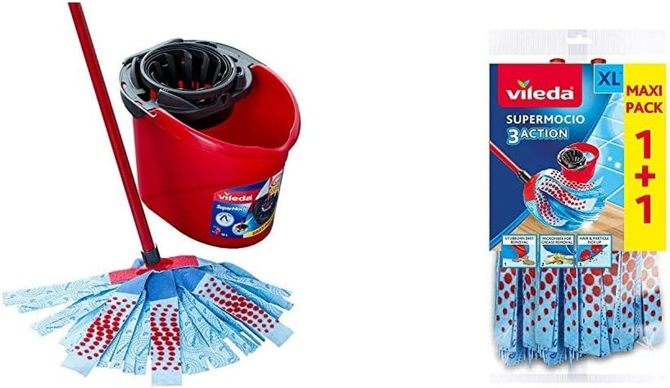 SuperMocio 3 Action Mop and Bucket Set, Mop for Cleaning Floors, Set of 1x Mop and 1 x Bucket, Red/Grey/Blue, 6 x 15 x 117 cm