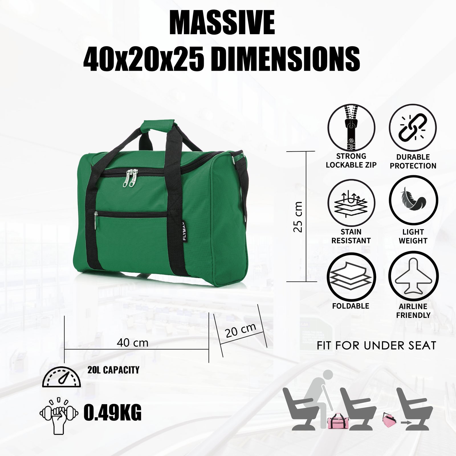 40x20x25 Ryanair Cabin Bag Carry onboard Hand Luggage Flight Bag UnderSeat Duffel Bag Holdall Bag