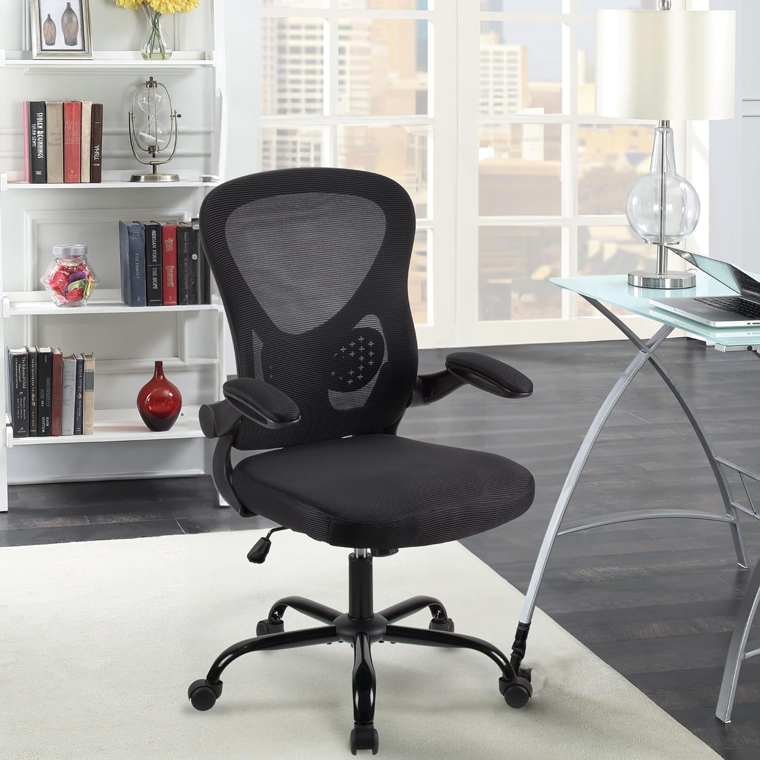 . adjustable office chair,ergonomic mesh swivel chair,office chair,desk chair,lumbar support,height adjustable,360°swivel rocking function,with 90° flip armrests,mesh back office chair (Black)