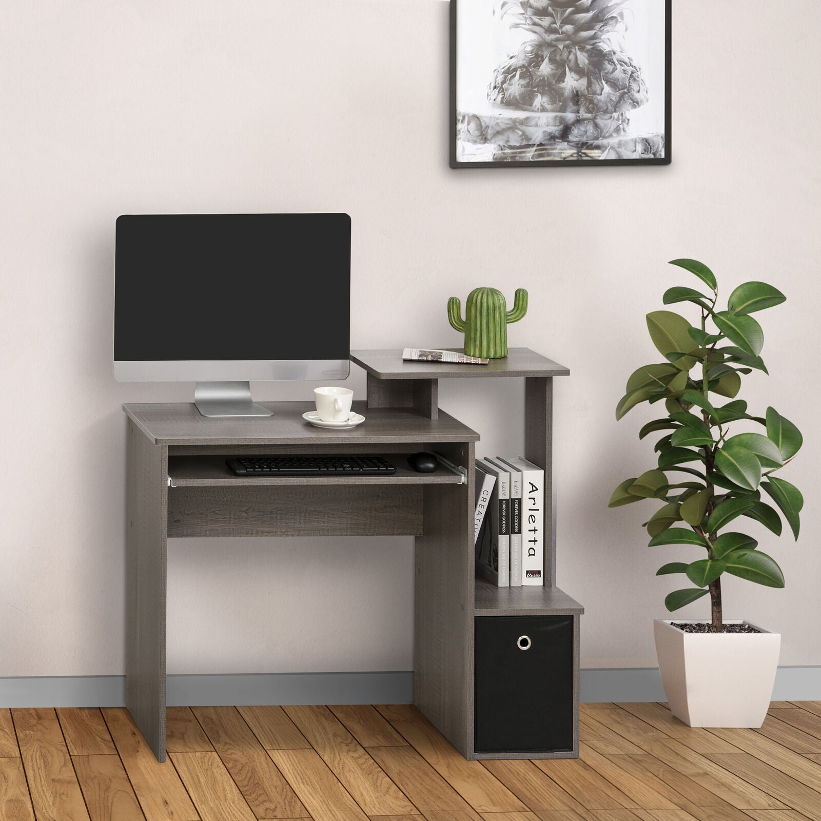 Computer Desk with Sliding Keyboard Tray Storage Drawer Shelf Workstation Grey