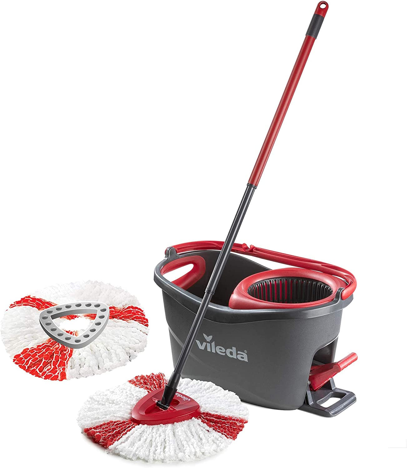 Turbo Microfibre Mop and Bucket Set, Spin Mop for Cleaning Floors, Set of 1x Mop and 1x Bucket,Grey/Red,48.5 x 27.5 x 28 cm