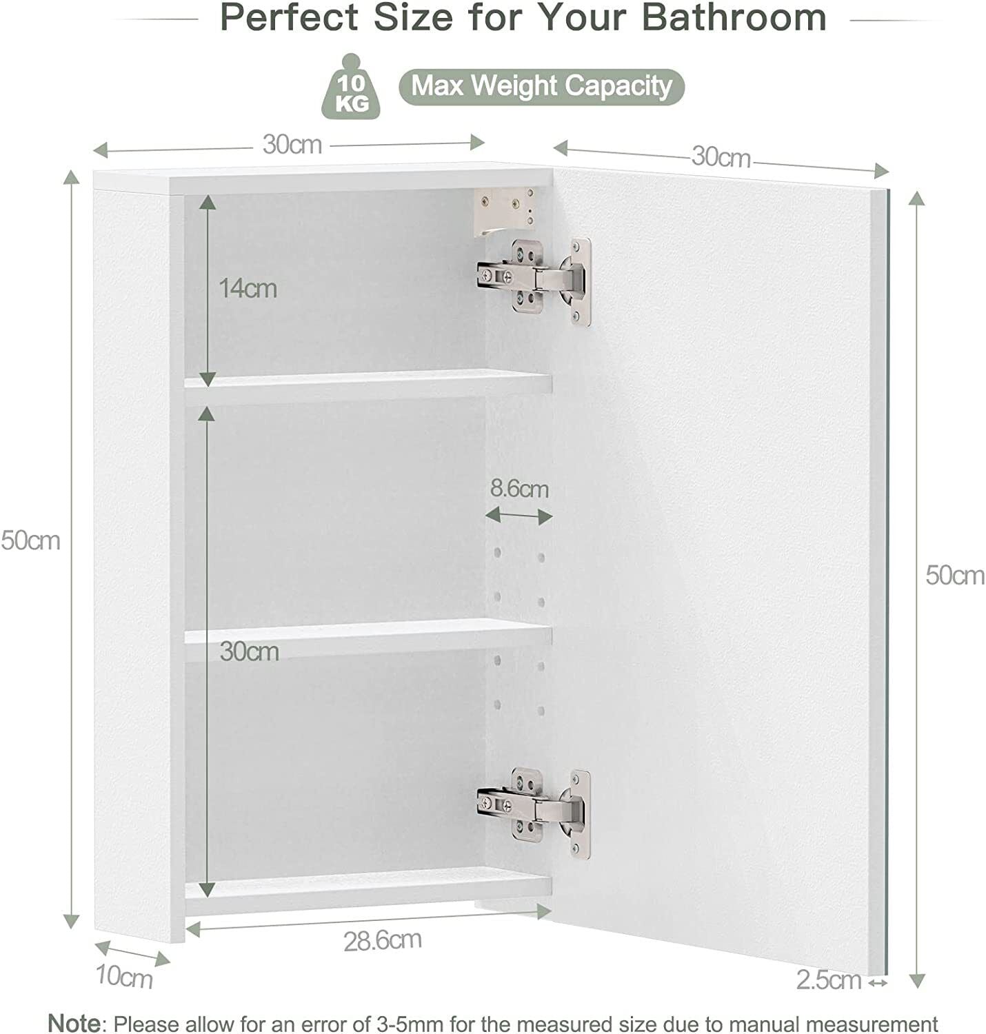 Single Door Bathroom Mirror Cabinet Wall Mounted with Adjustable Storage Shelf