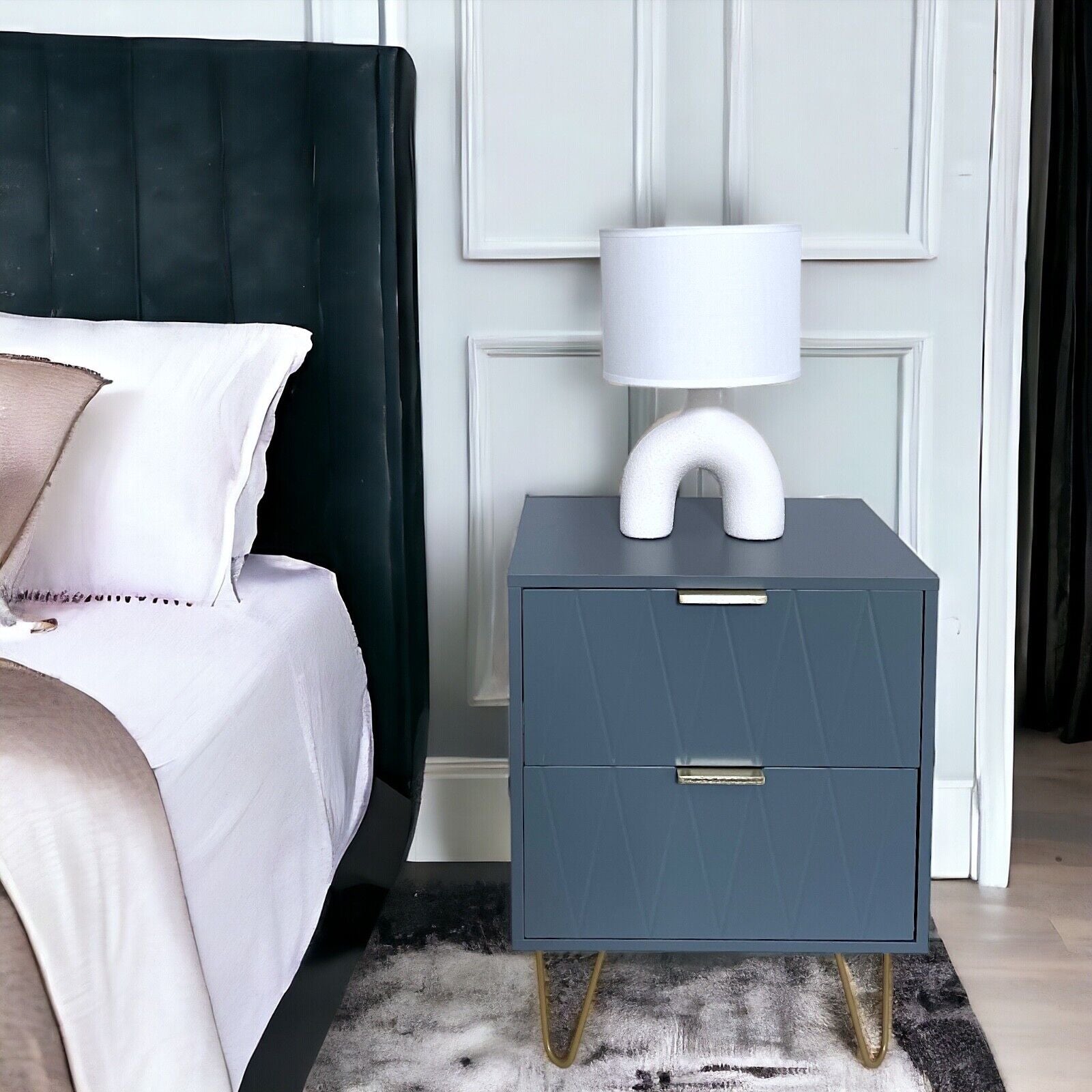 NEW Bedside Tables With 2 Drawer Gold Legs Side Table Bedroom Furniture Grey