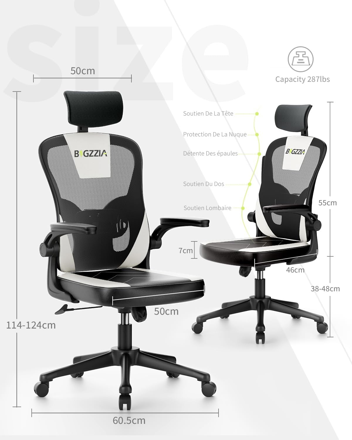 Ergonomic Office Chair - Computer Desk Chair with Adjustable Headrest, Gaming Chair, Work Chair Study Chair Swivel Chair with Casters for Meeting Room and Office (Black and white)