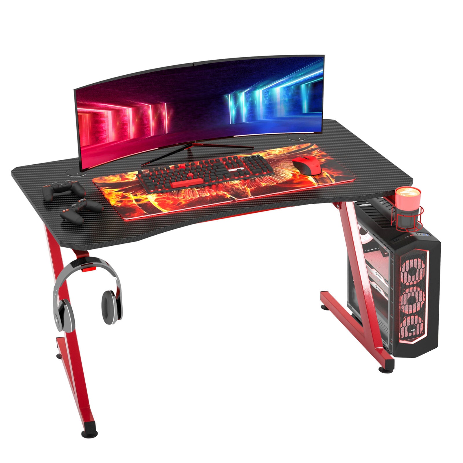 Gaming Desk Steel Frame w/ Cup Holder Headphone Hook Adjustable Feet Red