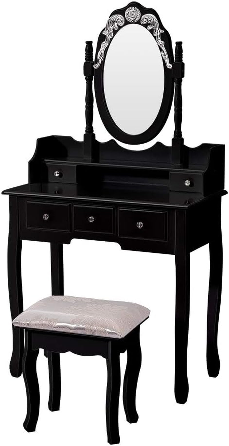 Dressing Table 5 Drawer Stool White Mirror Bedroom Makeup Desk Dresser (Black)