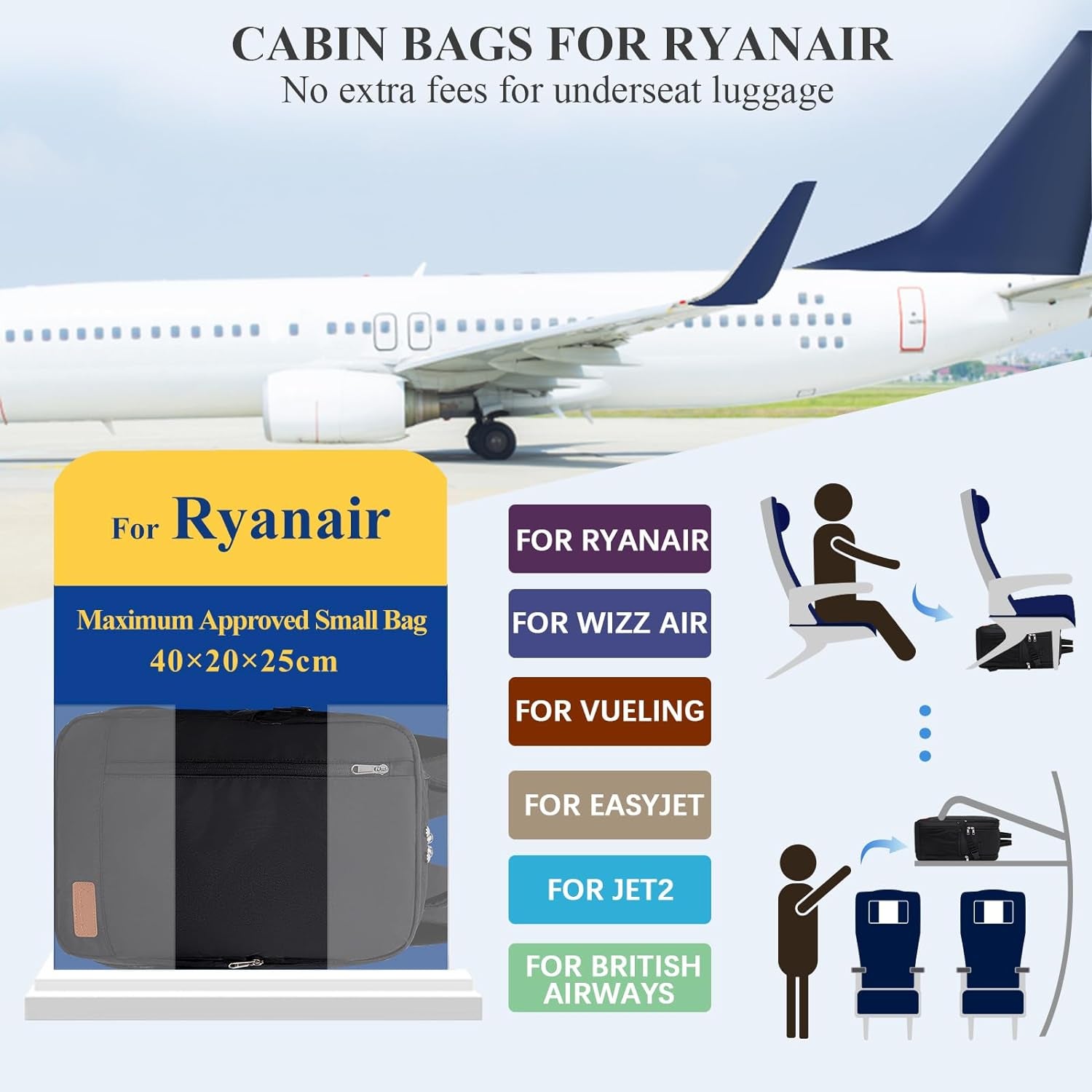 VMIKIV for Ryanair Cabin Bags 40x20x25 Underseat Carry On Backpack,Small Travel Backpack Cabin Size Hand Luggage Bag,Under Seat Cabin Bag Backpack with Laptop Compartment