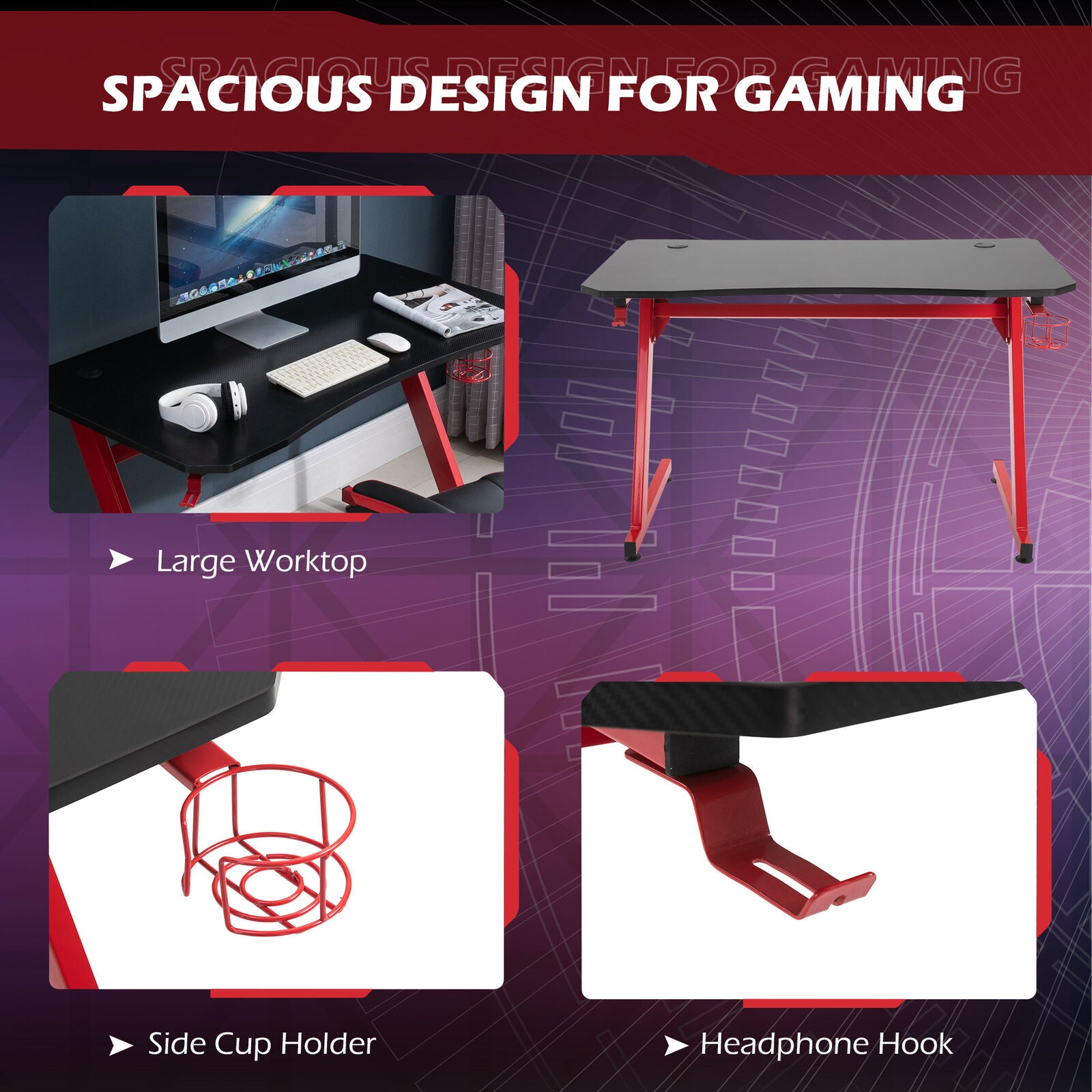 Gaming Desk Steel Frame w/ Cup Holder Headphone Hook Adjustable Feet Red