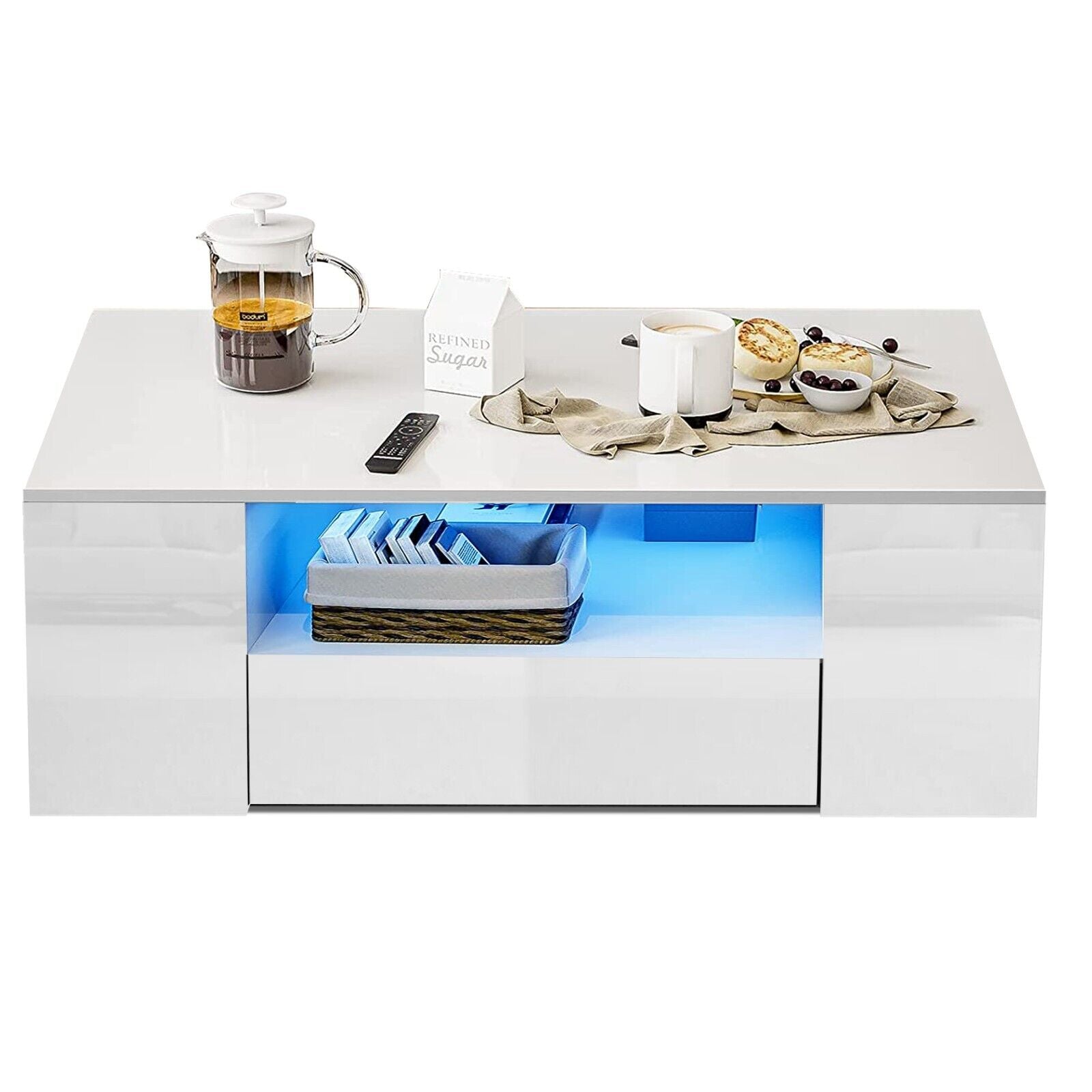 LED Coffee Table Wooden 2 Drawer Storage High Gloss Modern Living Room Furniture