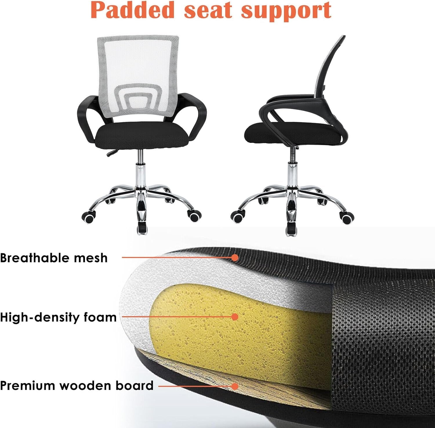 Office Chair Ergonomic Office Desk Chair Lumbar Support Height Adjustable Computer Chair 360° Swivel Comfy Executive for Home Office Chair Mesh Study Chair Space Saving Grey