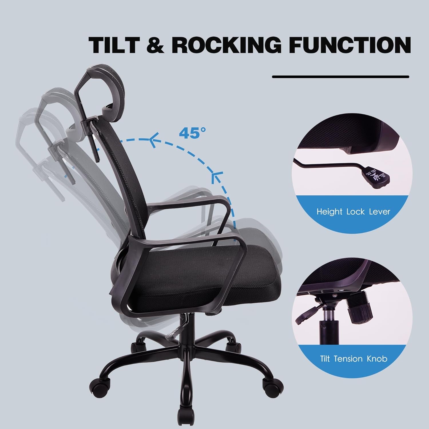 . Adjustable headrest Office Chair Ergonomic Mesh Swivel Chair Office chair Desk Chair Lumbar Support Height Adjustable 360°Swivel Rocking Function Mesh Back Seat For Home Office(Black)