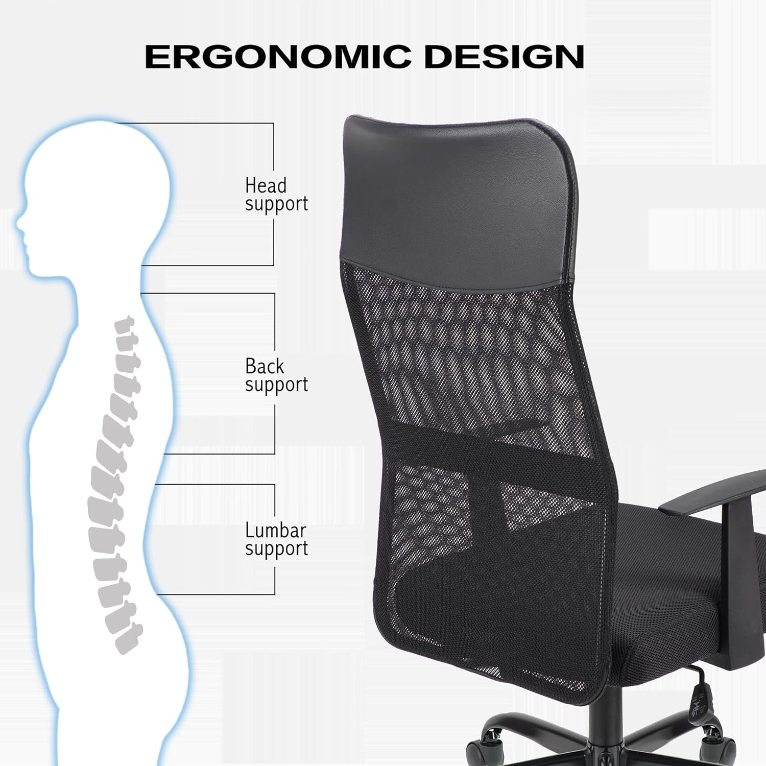 .High Back Adjustable Office Chair Ergonomic Mesh Swivel Chair Office Chair Desk Chair Headrest and Lumbar Support Height Adjustable 360°Swivel Rocking Function Mesh Back Seat for Home Office