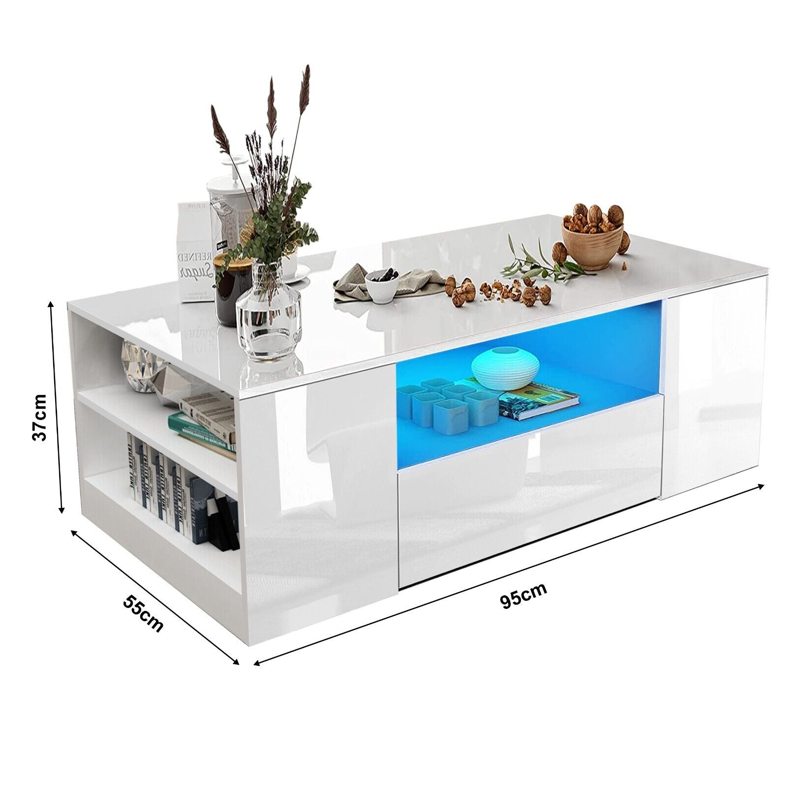 LED Coffee Table Wooden 2 Drawer Storage High Gloss Modern Living Room Furniture