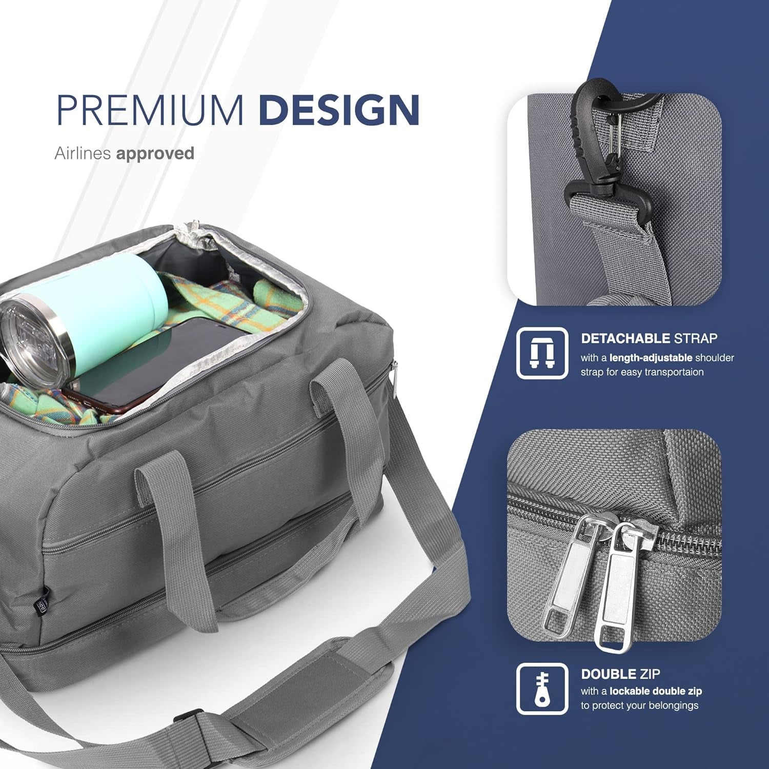 Lugg Hand Cabin Bag - Polyester Travel Bag, 40 x 20 x 25 cm, Suitable Hand Luggage for Worldwide Airlines - Lockable Zipper, Quick Access Zip Pocket with Adjustable Shoulder Strap and Handle (Grey)