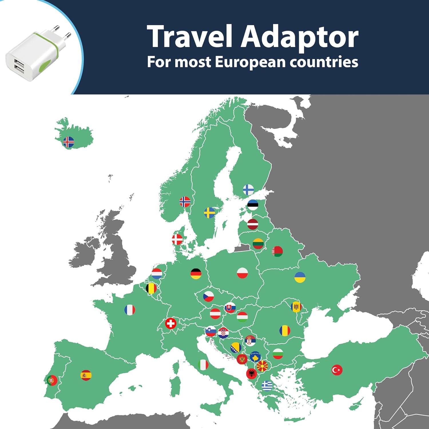 European USB Plug Adapter - European USB Charger Plug with 2 USB Ports - European Plug Adapter - Continental EU Travel Adapter - EU USB Plug Adaptor for Greece Turkey France Spain Italy