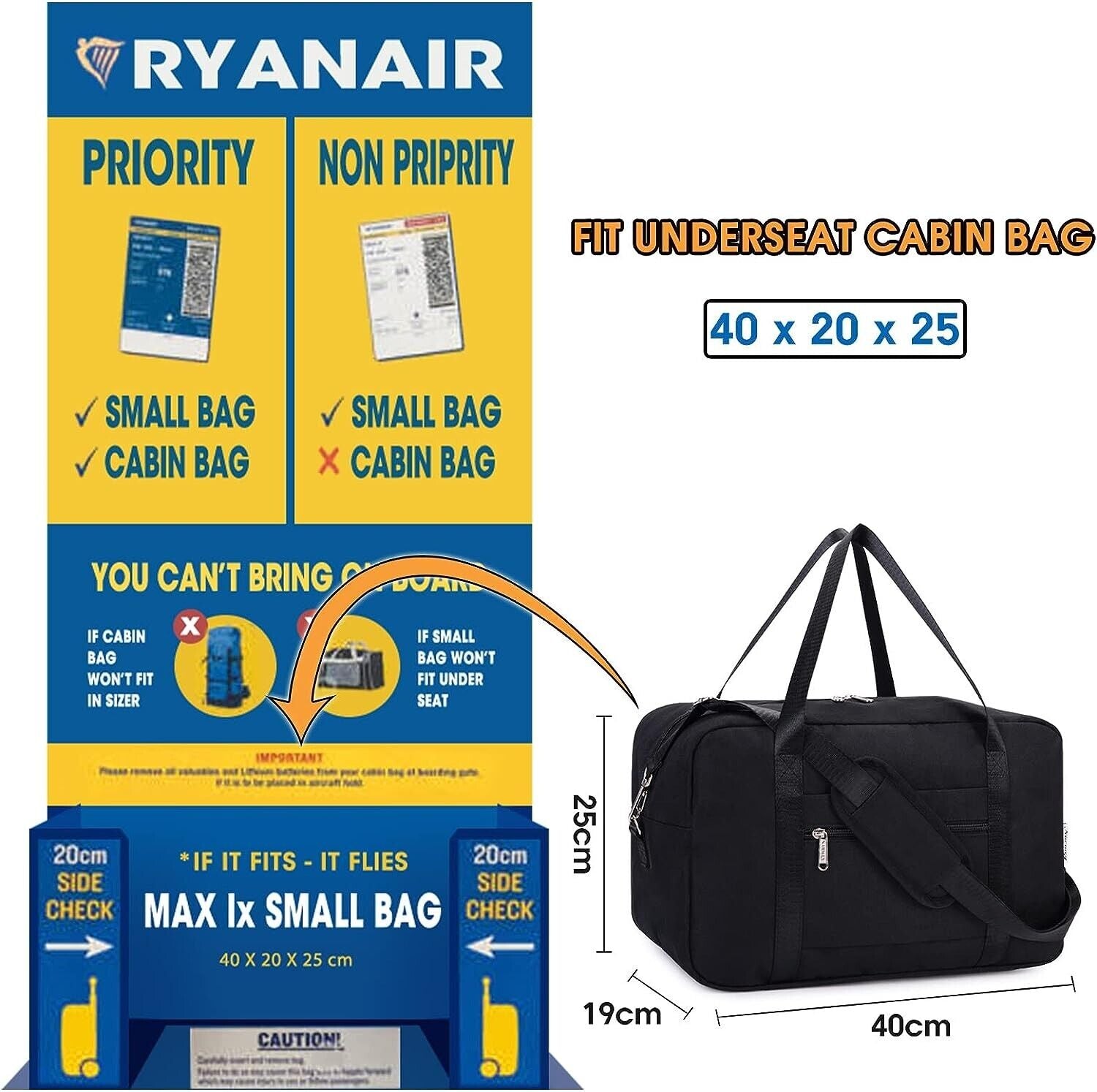 Ryanair Under seat Cabin Bag Carry Flight Travel Hand Luggage Case 40x25x20cm