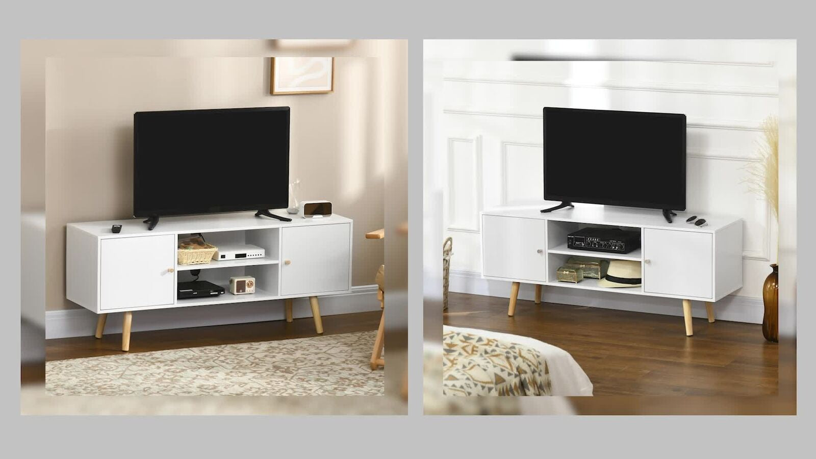 TV Stand Cabinet with Cable Management and Wood Legs Living Room, White