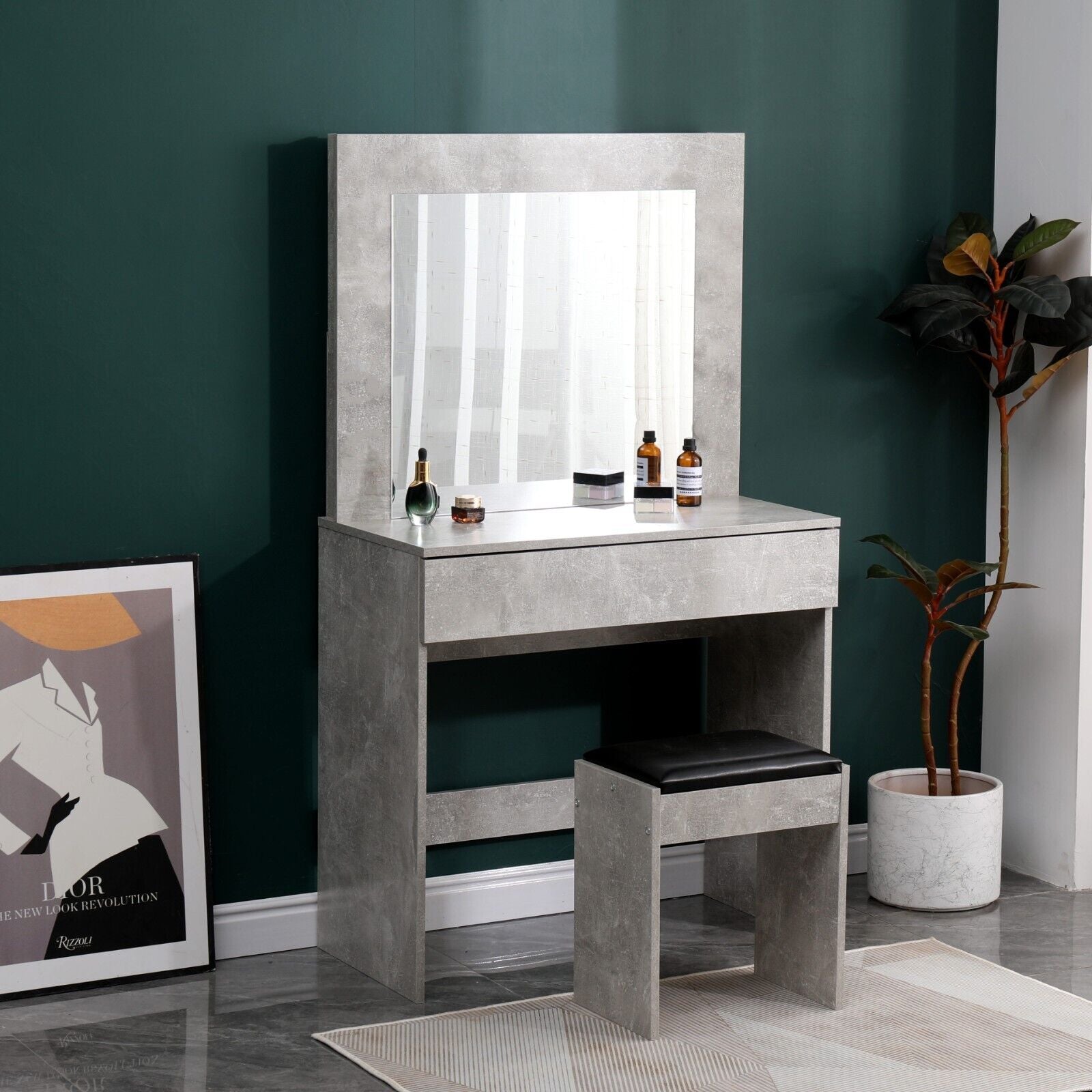 Dressing Table Vanity Unit Modern Makeup Desk With Large Mirror & Stool Grey