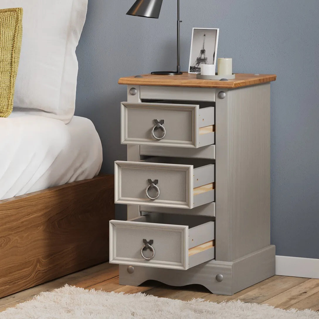 Corona Bedside Cabinet 3 Drawer Grey Wax Table Unit Pine