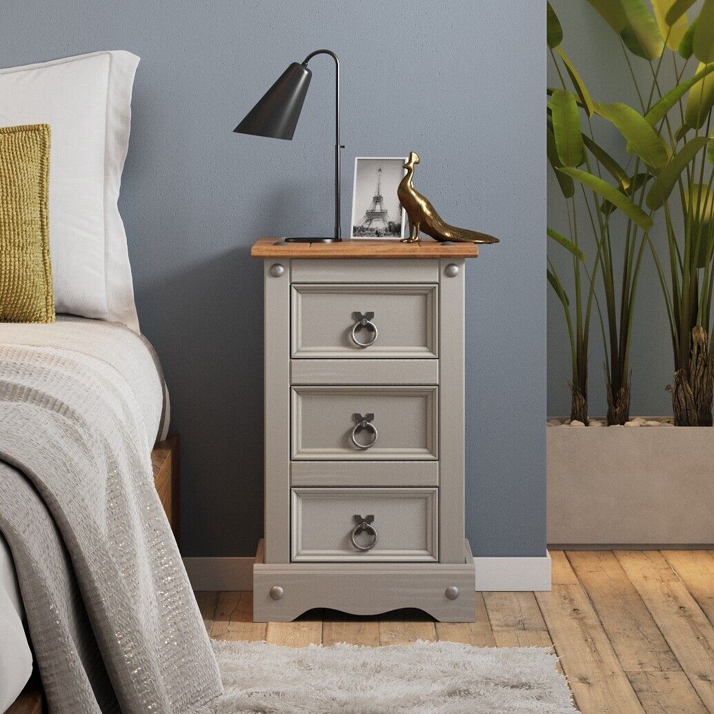 Corona Bedside Cabinet 3 Drawer Grey Wax Table Unit Pine