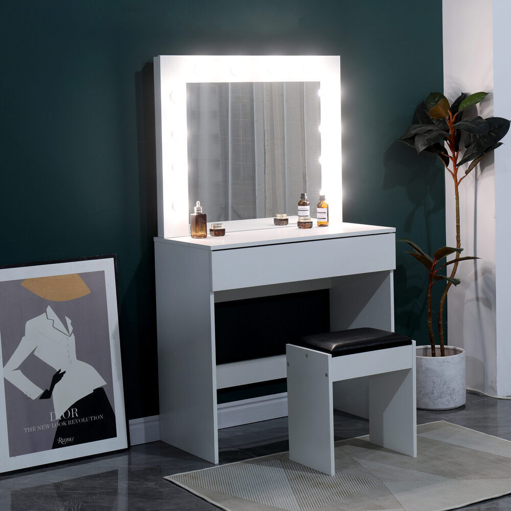 Dressing Table with LED Mirror Modern Makeup Desk Vanity Table Set + Stool