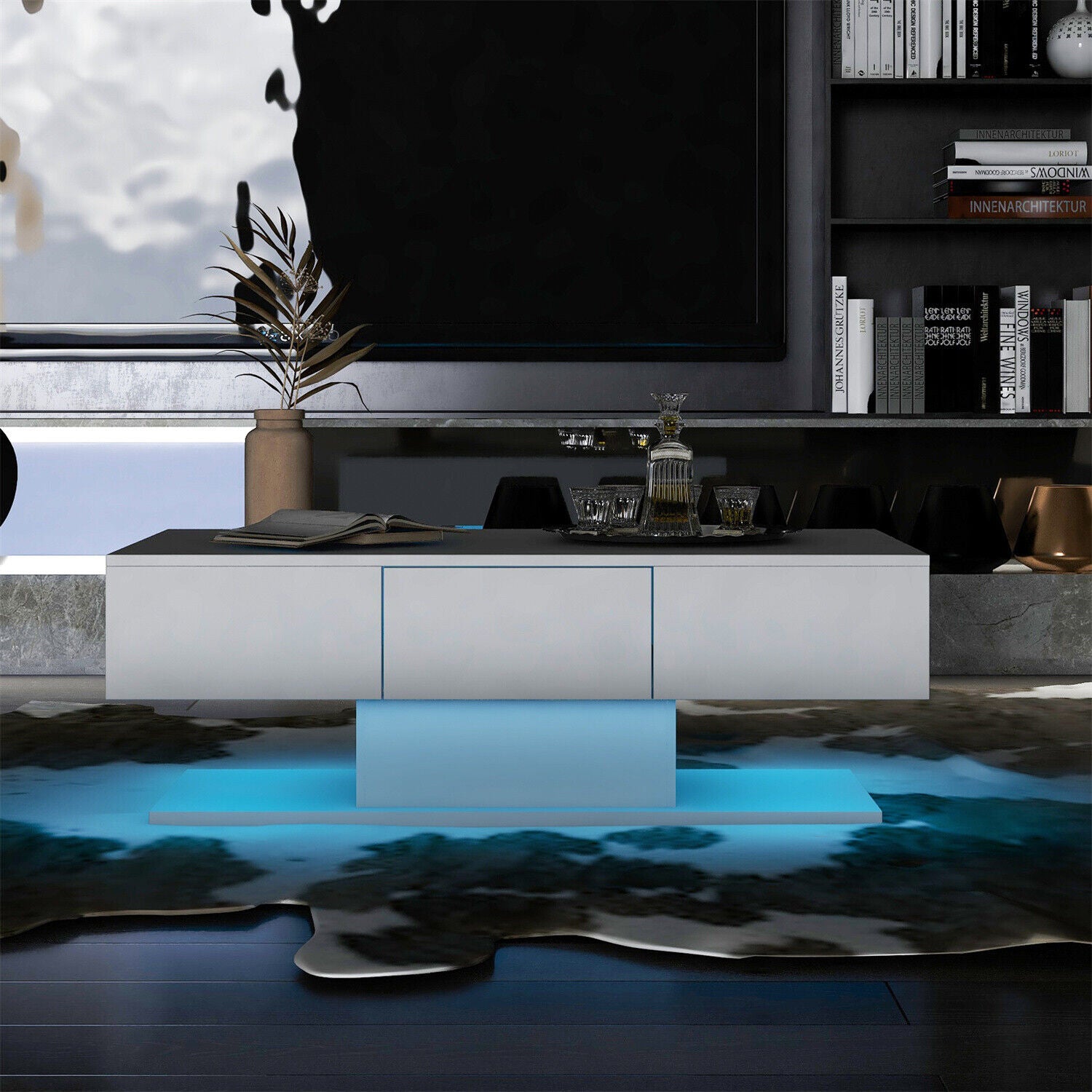 Modern LED Coffee Table High Gloss Wooden Drawer Storage Living Room Furniture