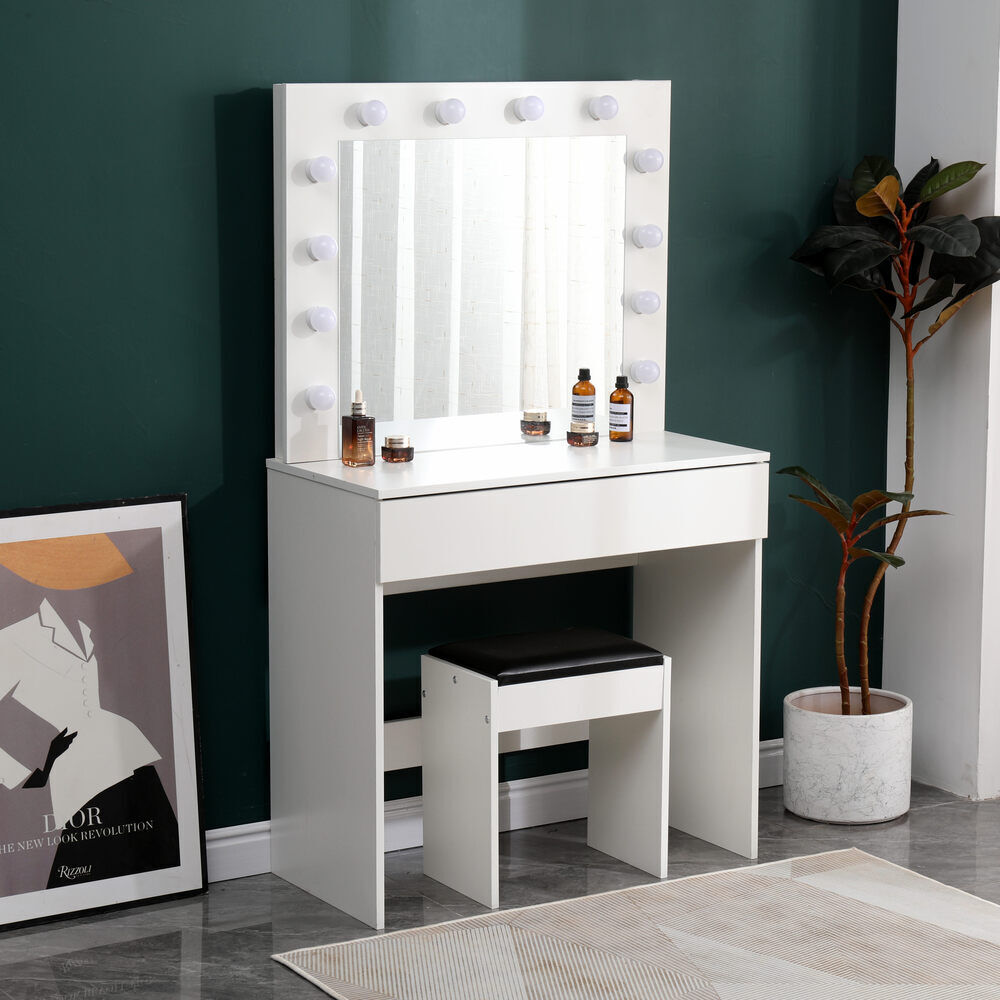 Dressing Table with LED Mirror Modern Makeup Desk Vanity Table Set + Stool White