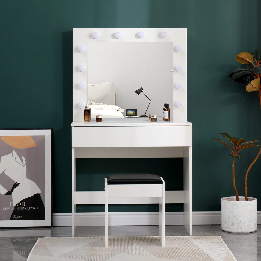 Dressing Table with LED Mirror Modern Makeup Desk Vanity Table Set + Stool White