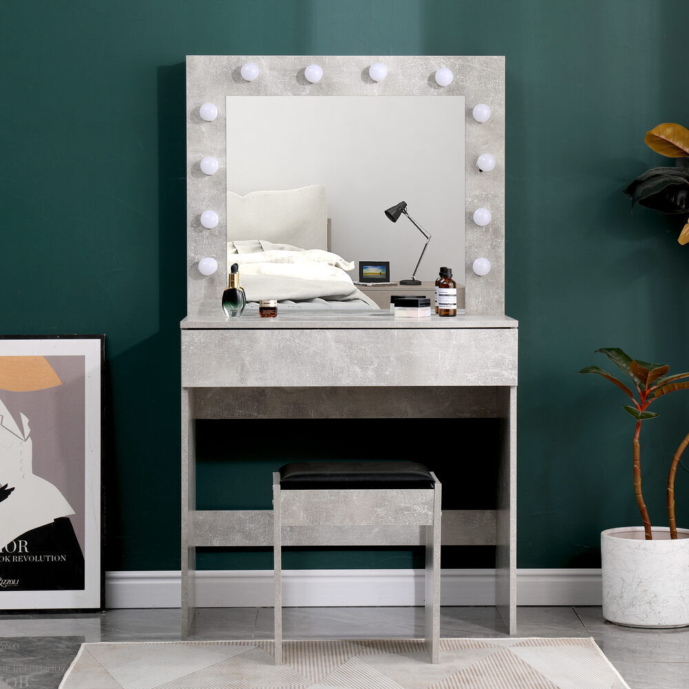 Dressing Table with LED Mirror Modern Makeup Desk Vanity Table Set + Stool