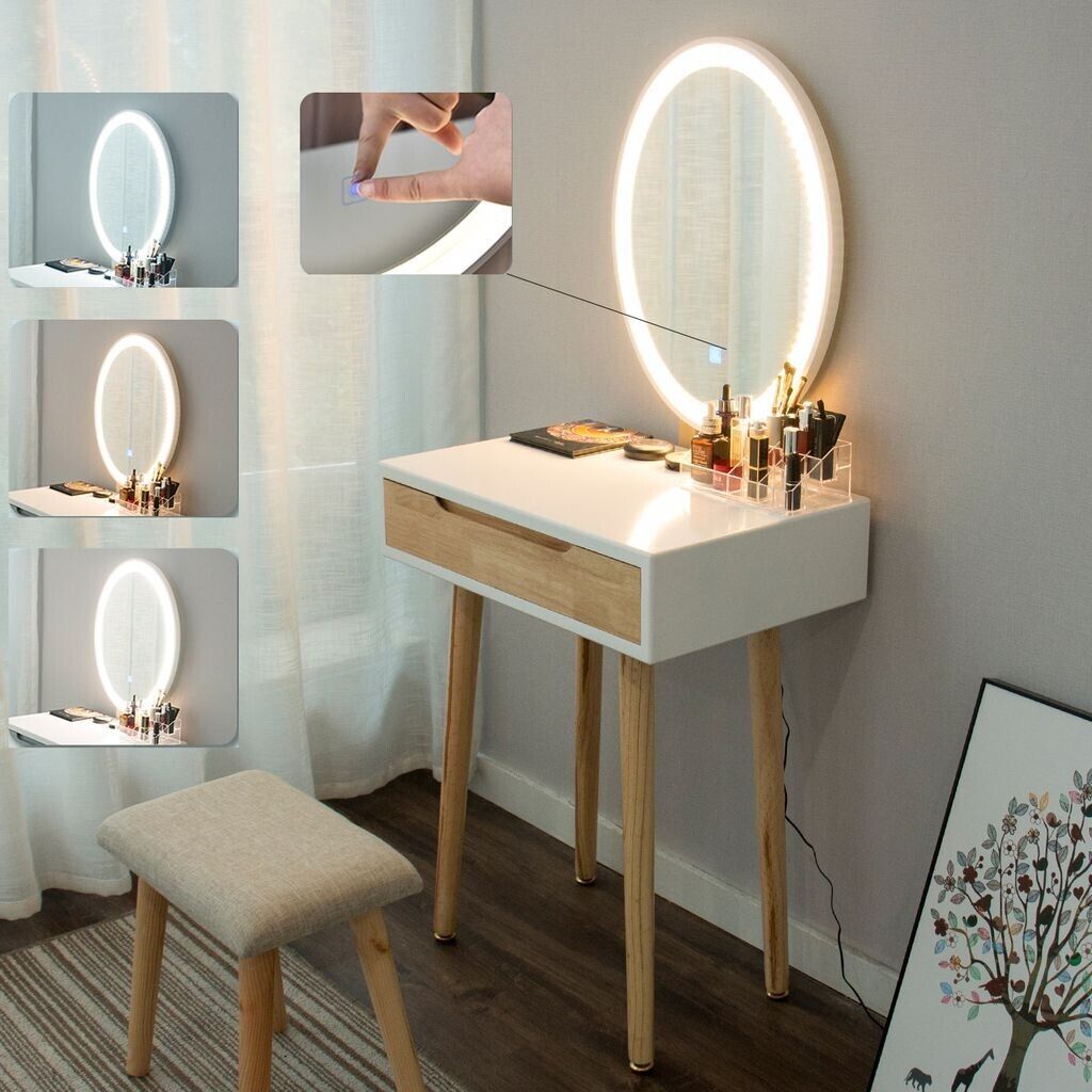 Dressing Table Vanity Set Make up Desk with Dimmable LED Light Mirror Stool Wood