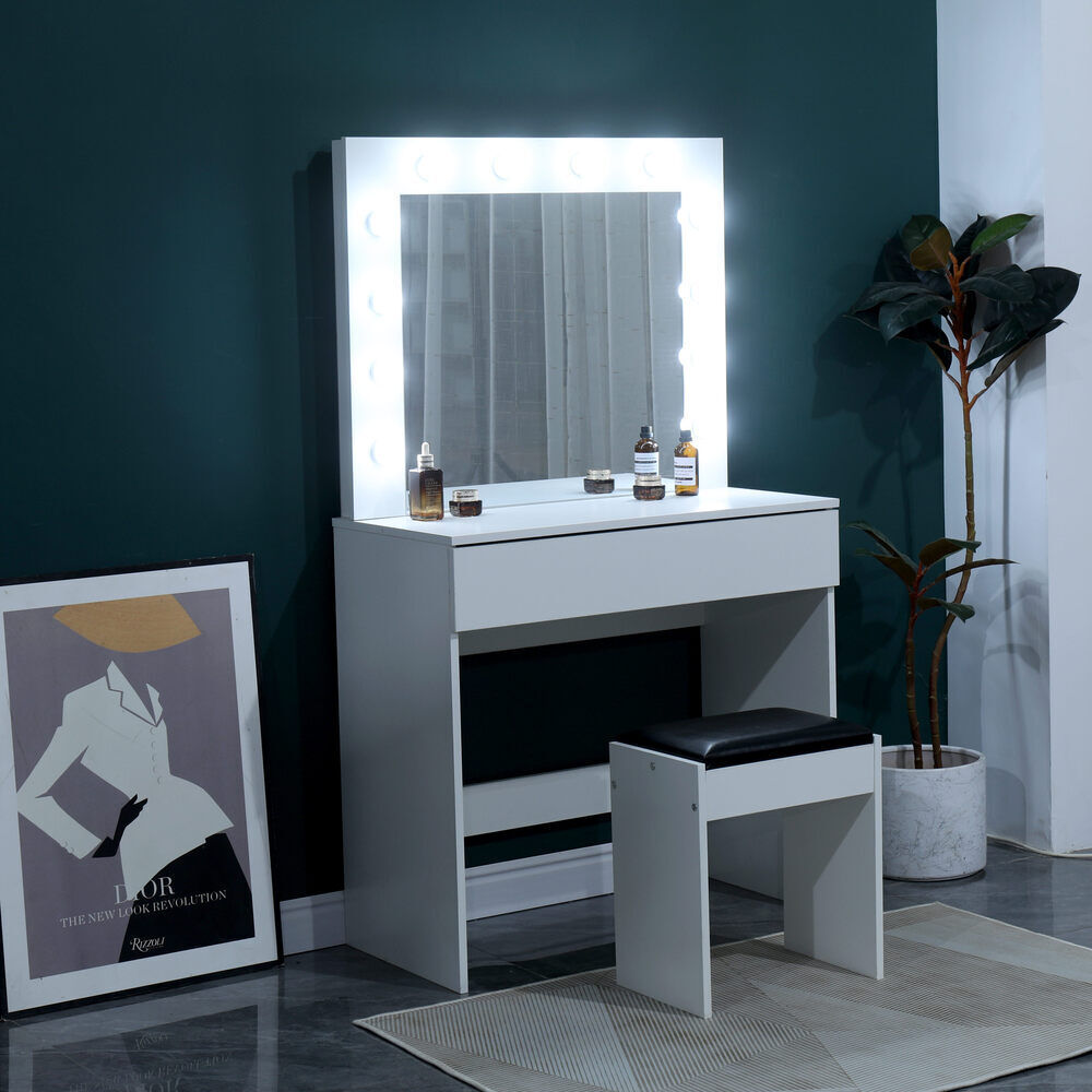 Dressing Table with LED Mirror Modern Makeup Desk Vanity Table Set + Stool White