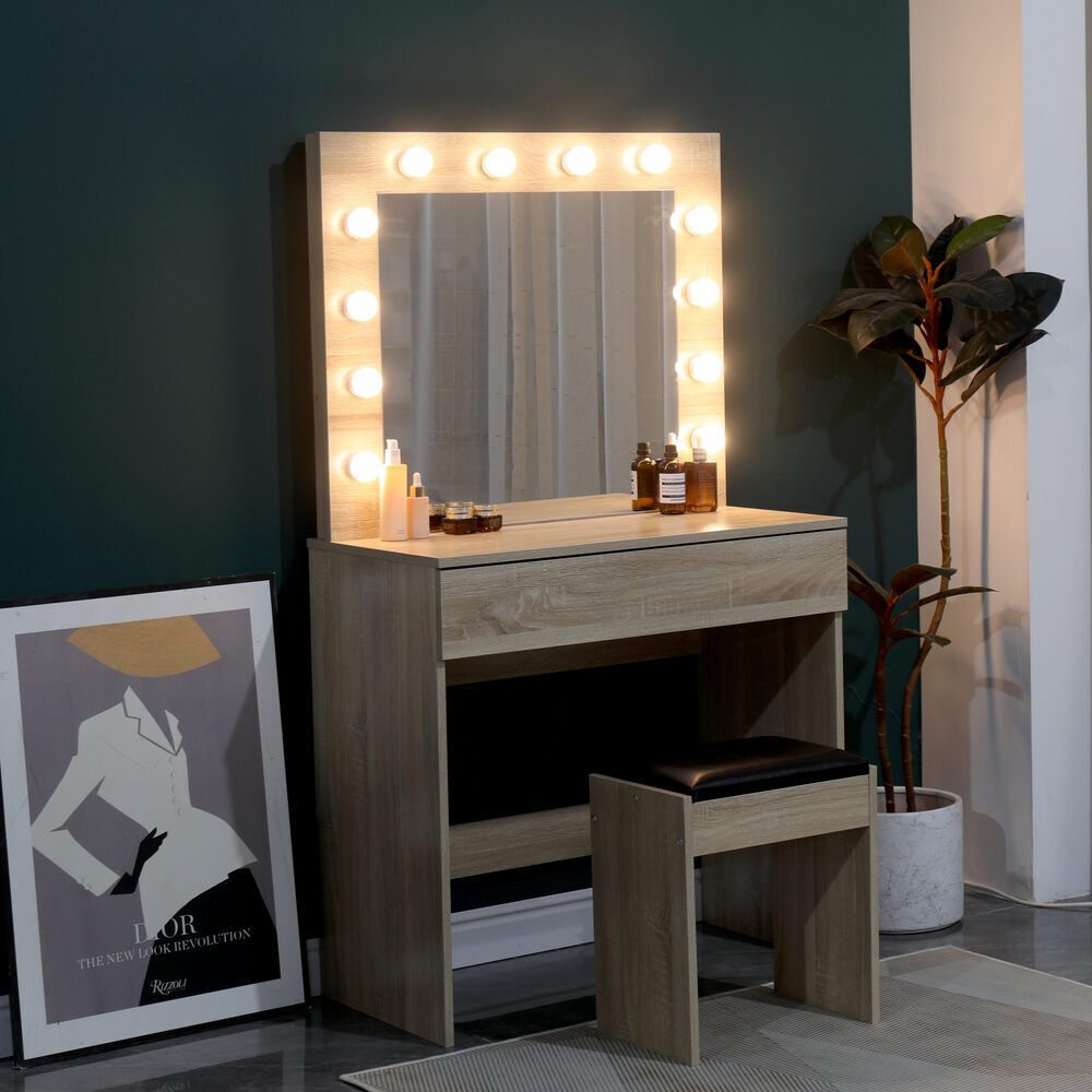 Dressing Table with LED Mirror Modern Makeup Desk Vanity Table Set + Stool