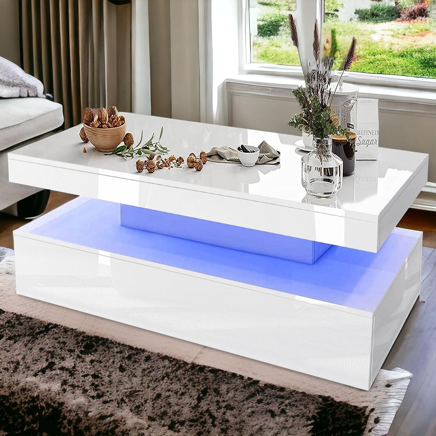 LED Coffee Table Wooden 2 Drawer Storage High Gloss Modern Living Room Furniture