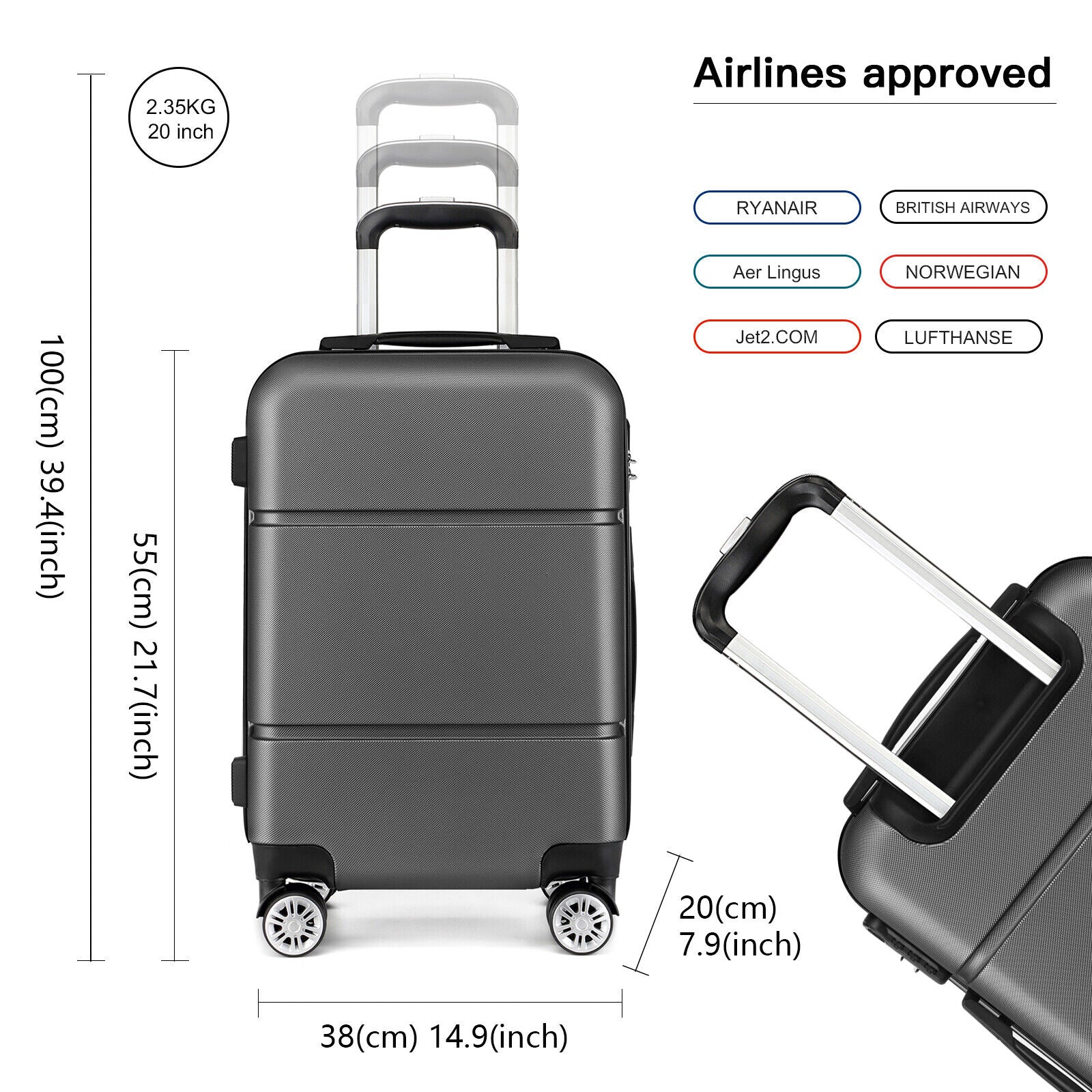 20 Inch Small Cabin Luggage Hard Shell Travel Suitcase Spinner 4 Wheels Case