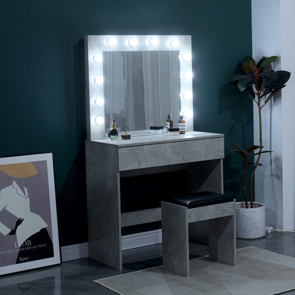 Dressing Table with LED Mirror Modern Makeup Desk Vanity Table Set + Stool