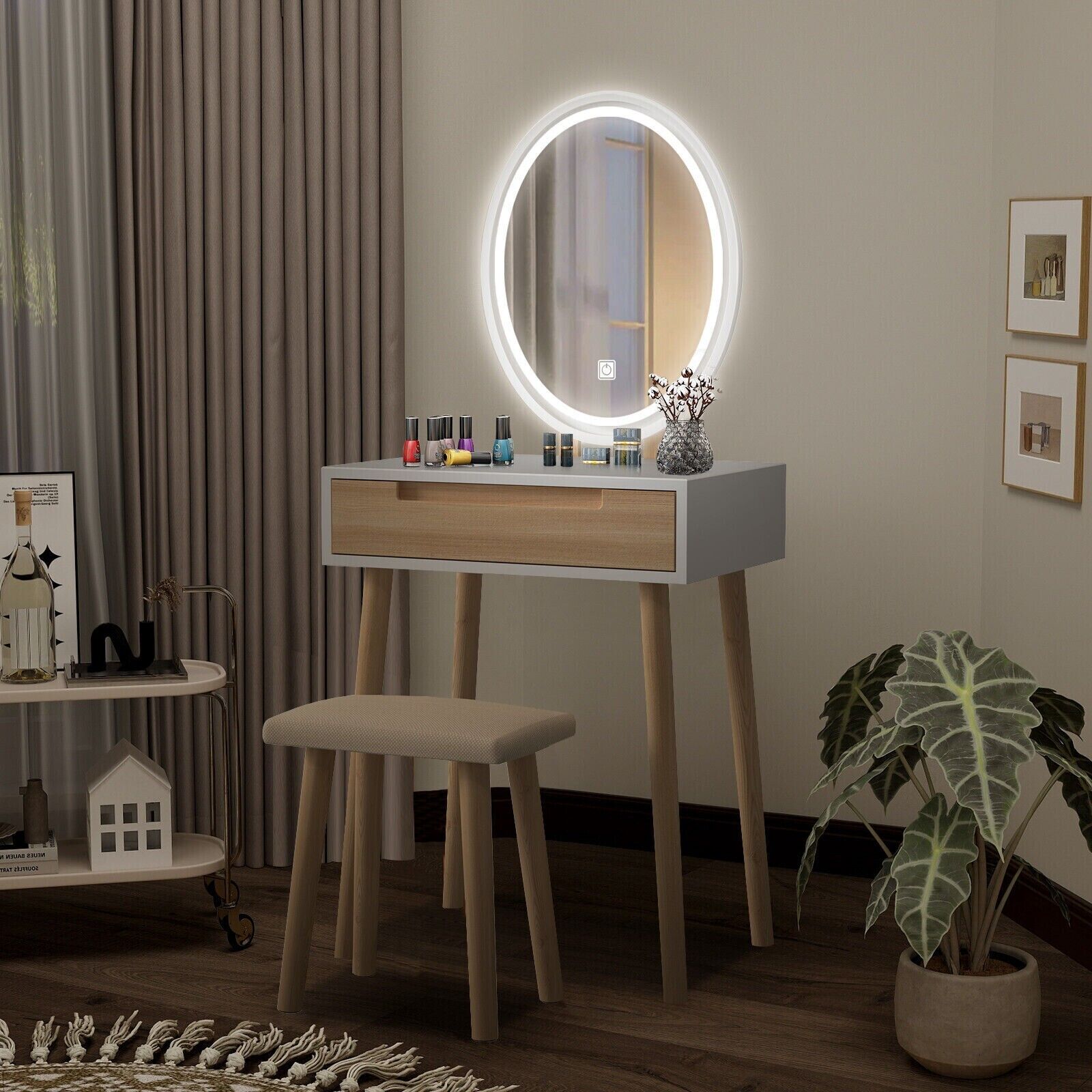 Dressing Table Vanity Set Make up Desk with Dimmable LED Light Mirror Stool Wood