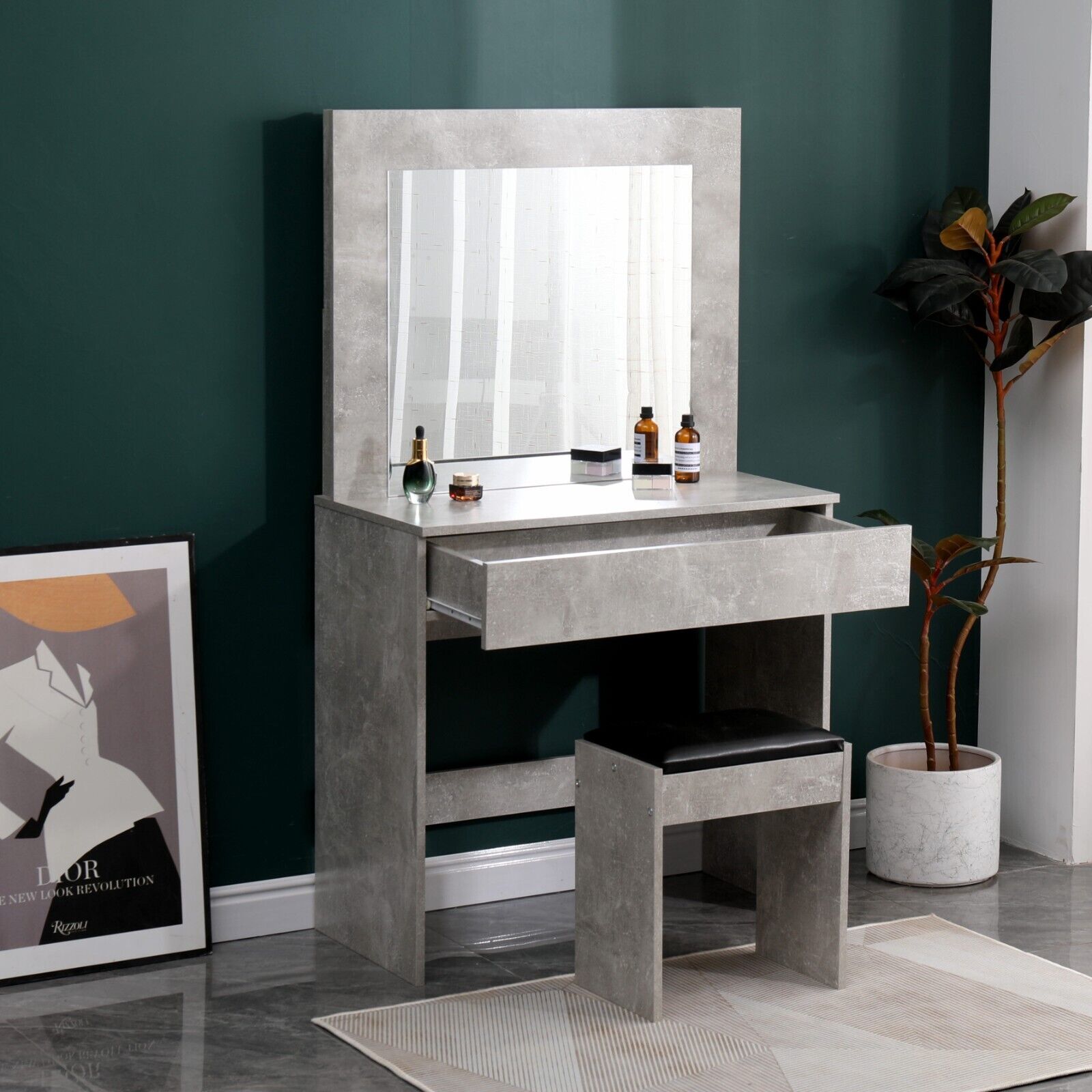 Dressing Table Vanity Unit Modern Makeup Desk With Large Mirror & Stool Grey