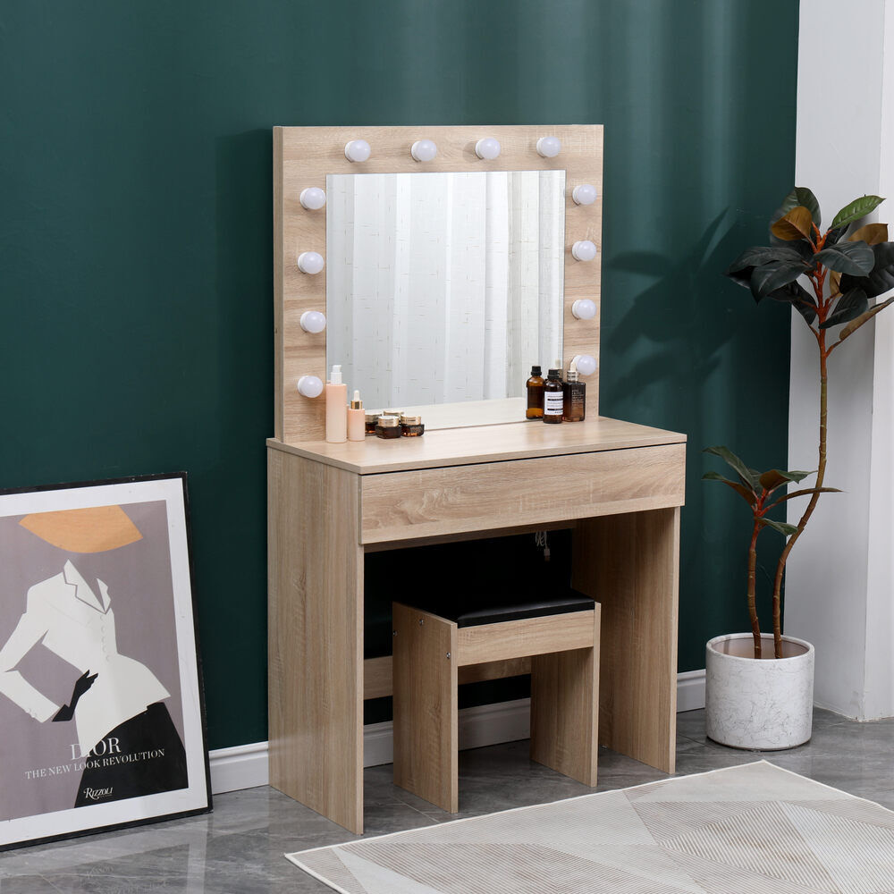 Dressing Table with LED Mirror Modern Makeup Desk Vanity Table Set + Stool