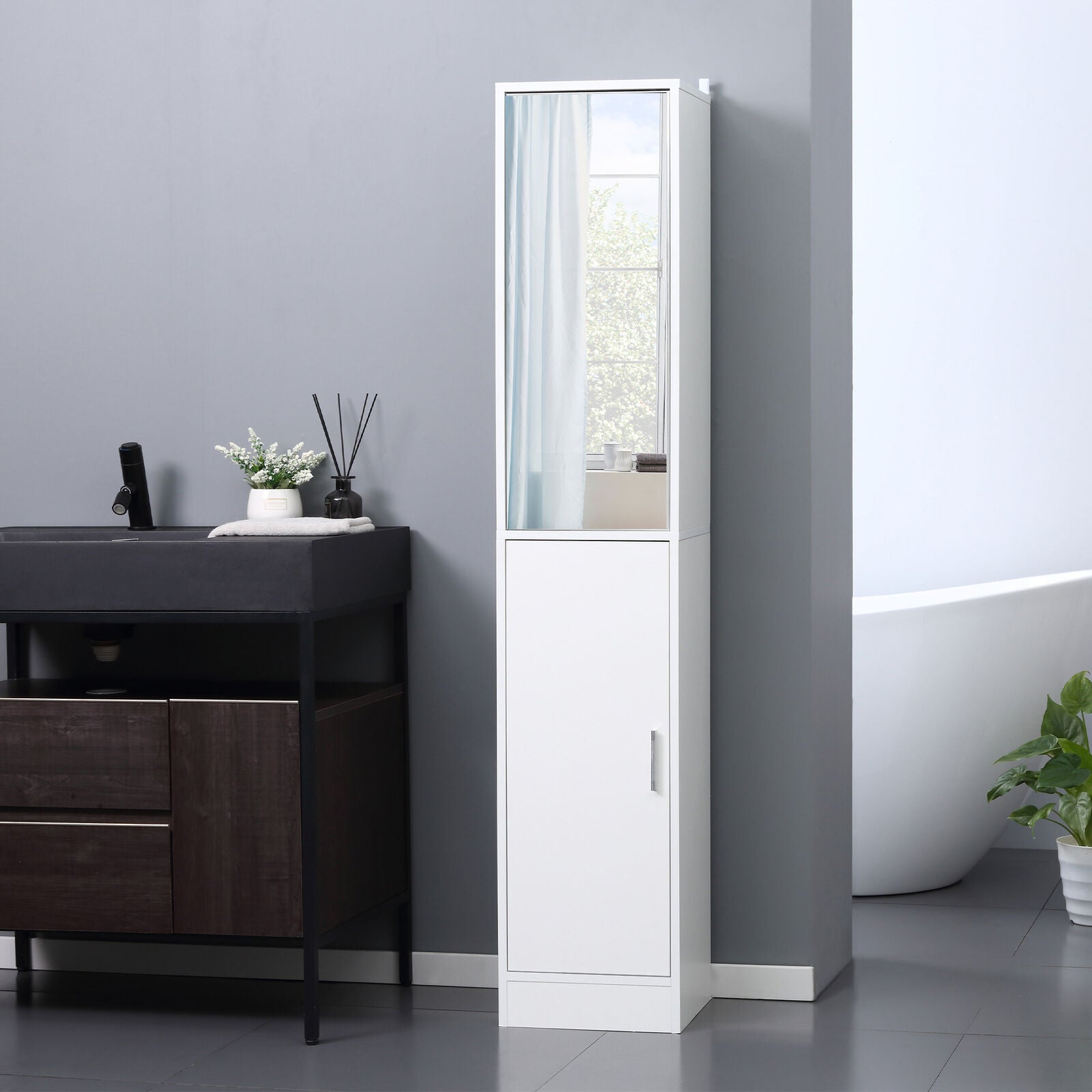 Tall Mirrored Bathroom Cabinet Bathroom Storage Cupboard Tallboy Unit White