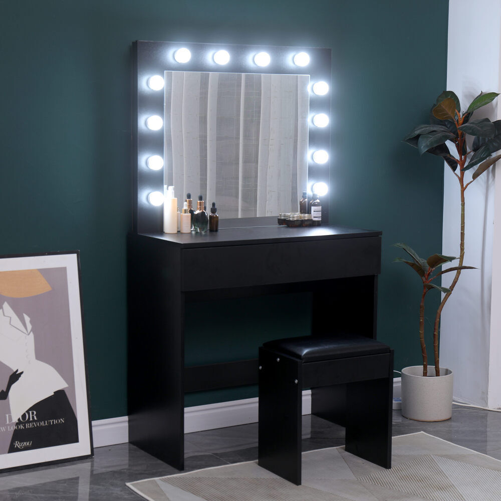 Dressing Table with LED Mirror Modern Makeup Desk Vanity Table Set + Stool