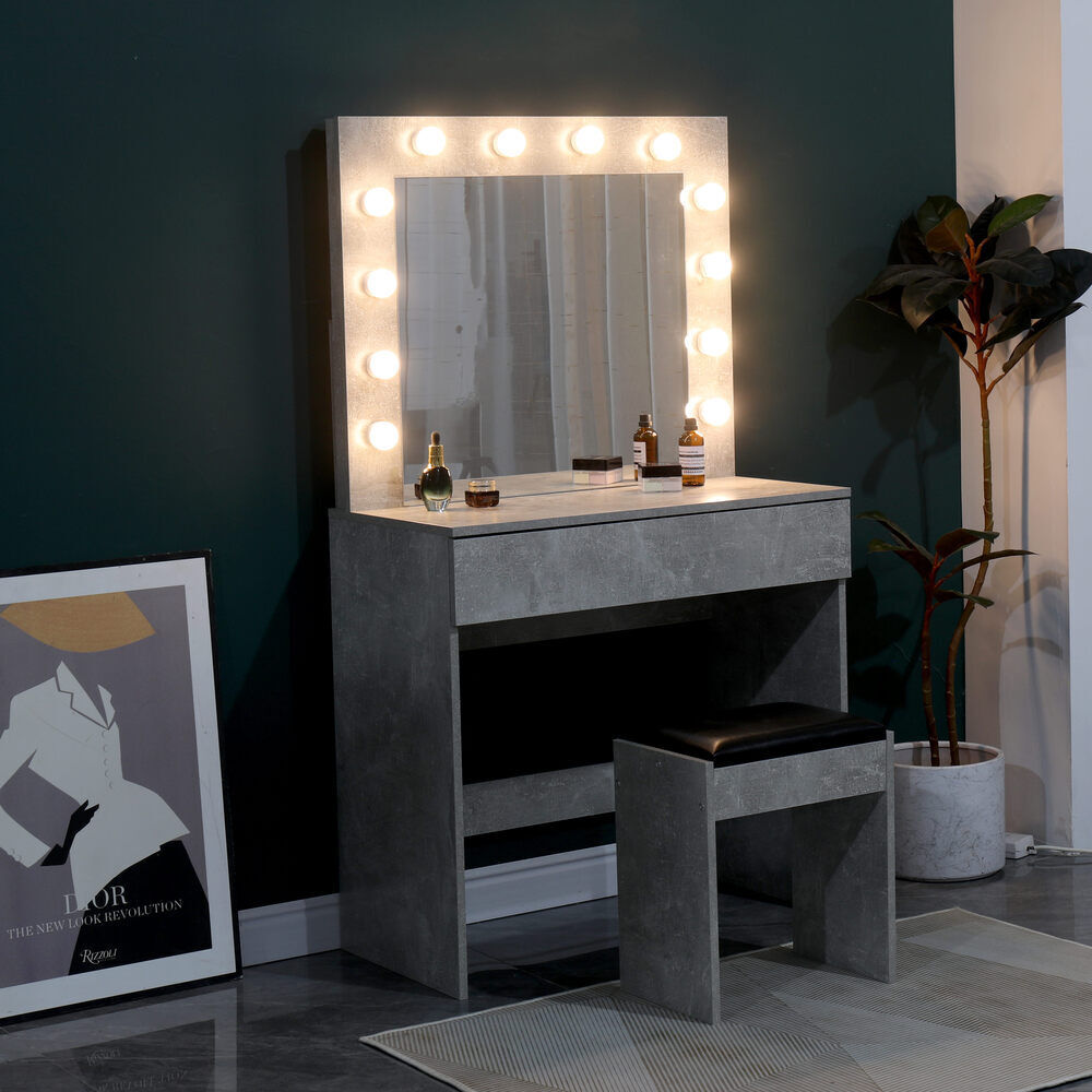 Dressing Table with LED Mirror Modern Makeup Desk Vanity Table Set + Stool Grey