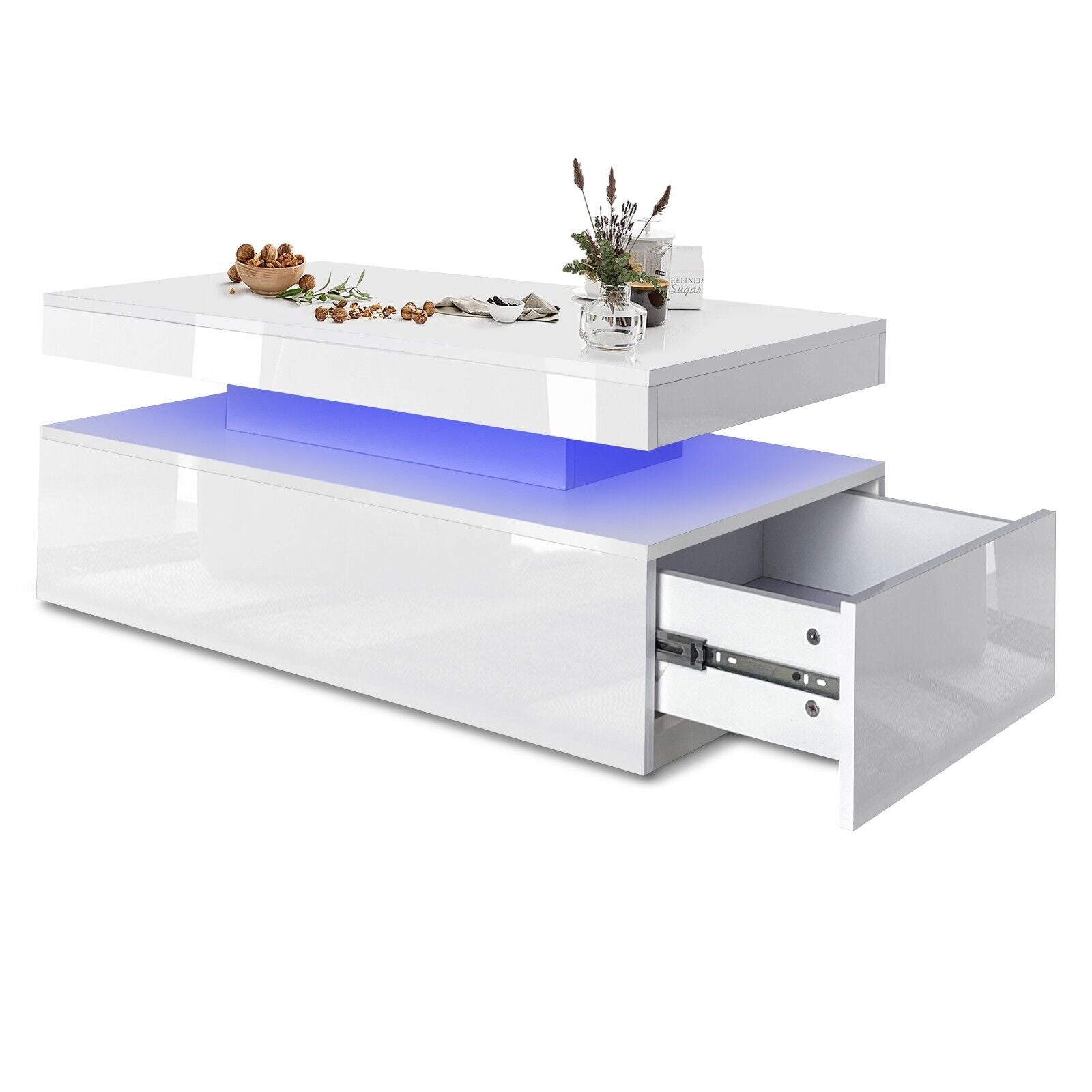 LED Coffee Table Wooden 2 Drawer Storage High Gloss Modern Living Room Furniture