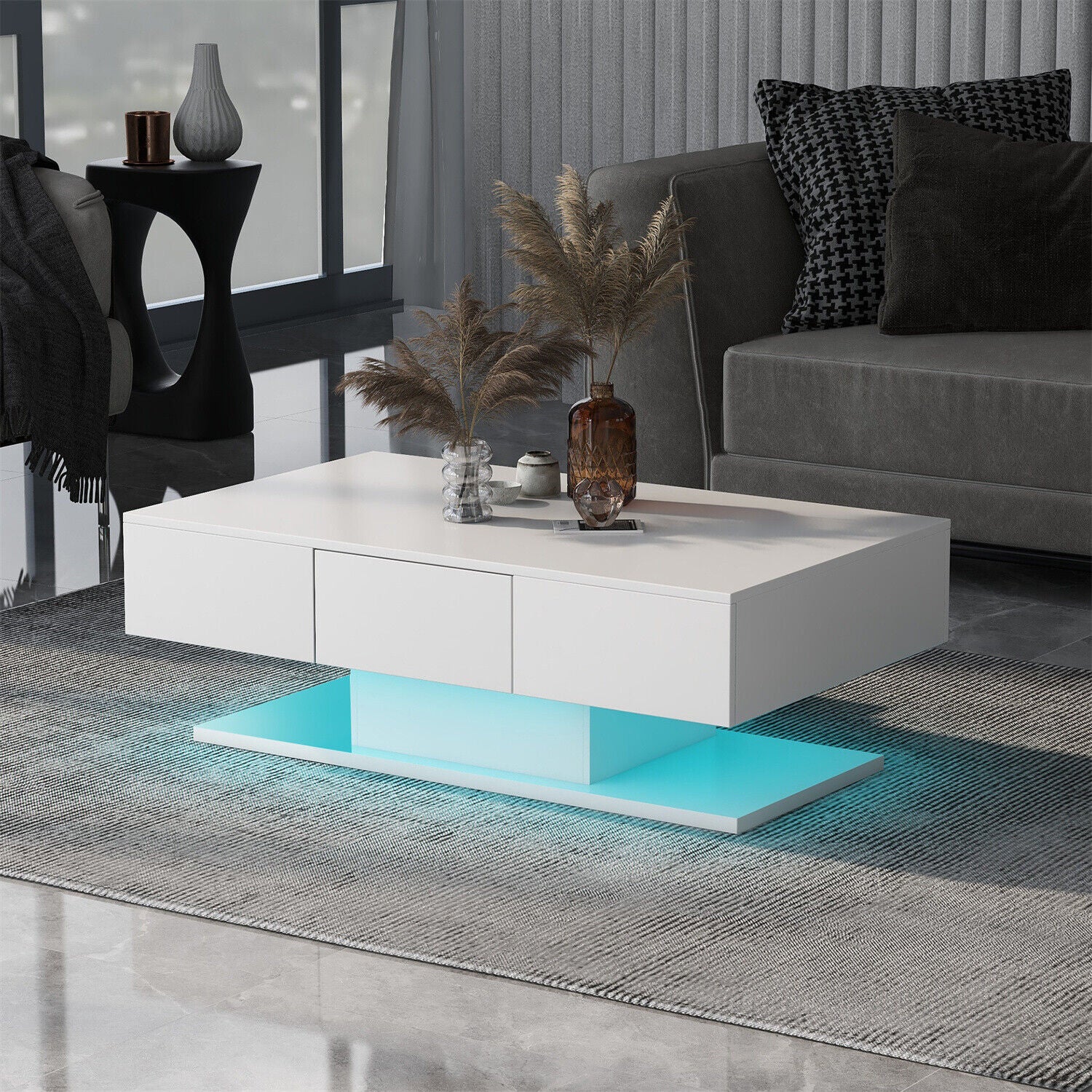 Modern LED Coffee Table High Gloss Wooden Drawer Storage Living Room Furniture