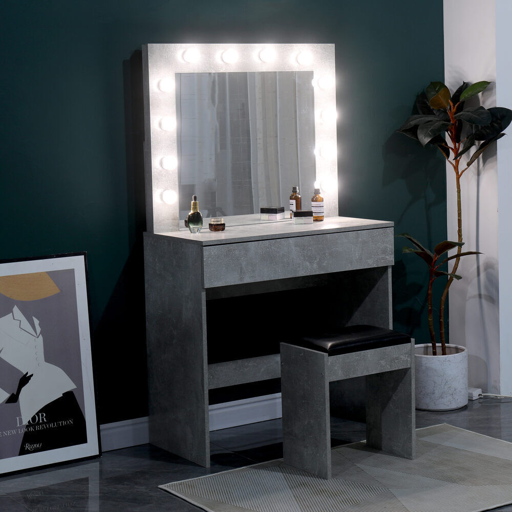 Dressing Table with LED Mirror Modern Makeup Desk Vanity Table Set + Stool