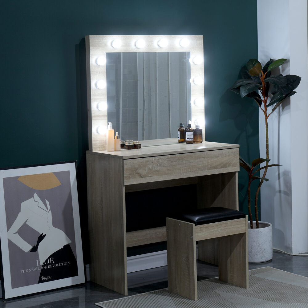 Dressing Table with LED Mirror Modern Makeup Desk Vanity Table Set + Stool