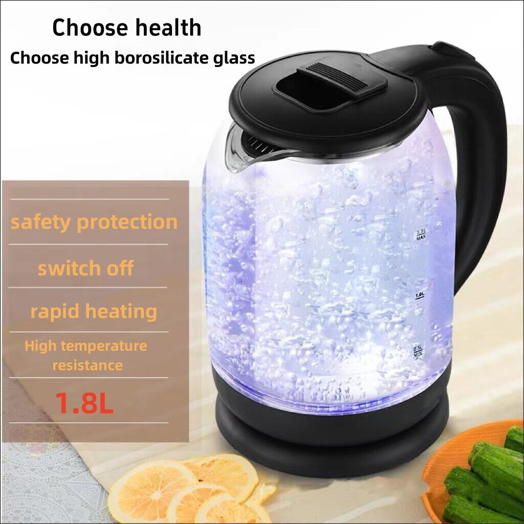 1.8L Electric Kettle Glass 360 Black LED Illuminated Portable Jug Security UK